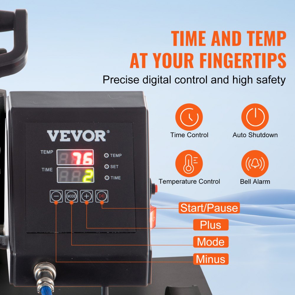 Pantalla de máquina de prensado térmico VEVOR con controles de tiempo, temperatura y funciones de seguridad.