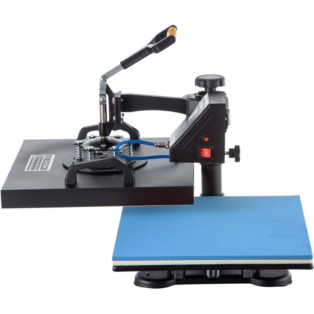 Máquina de prensado térmico VEVOR con manija de palanca y placa inferior azul.