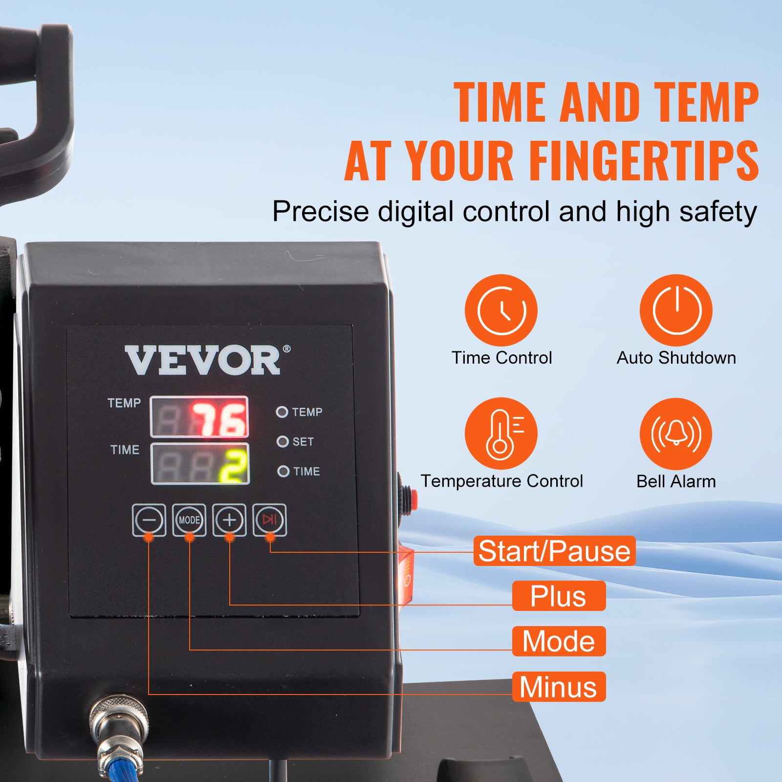 Pantalla de máquina de prensado térmico VEVOR con controles de tiempo, temperatura y funciones de seguridad.