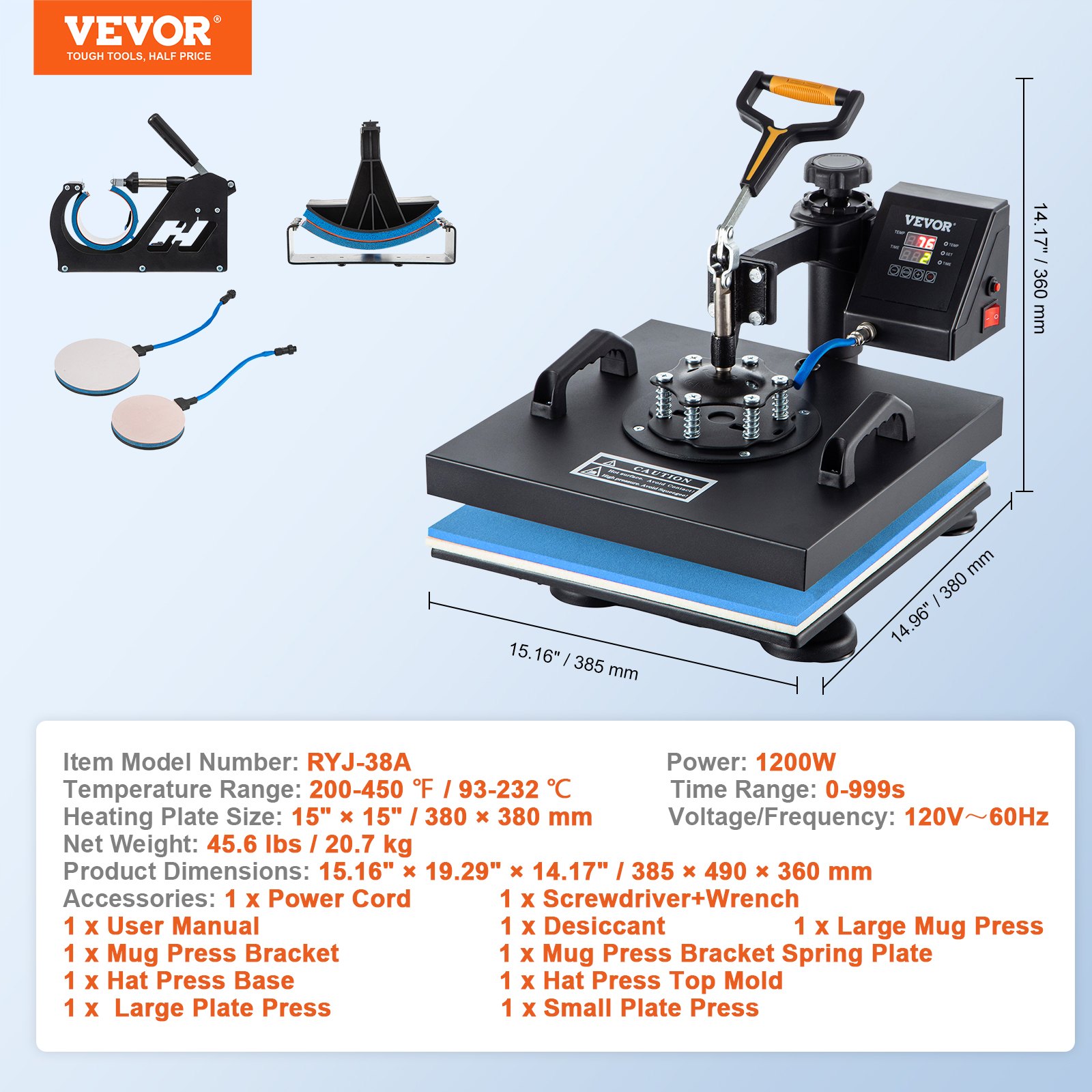 Máquina de prensa térmica VEVOR con dimensiones, accesorios y especificaciones detalladas.