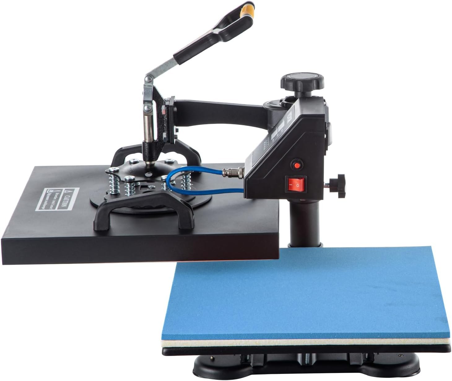 Máquina de prensado térmico VEVOR con manija de palanca y placa inferior azul.