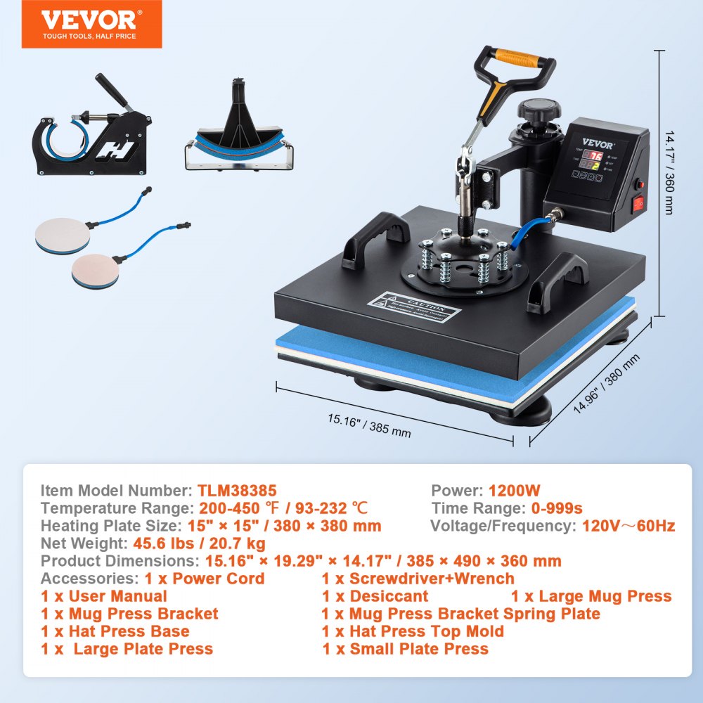 Máquina de prensado térmico 5 en 1 VEVOR con accesorios, especificaciones y dimensiones mostradas.