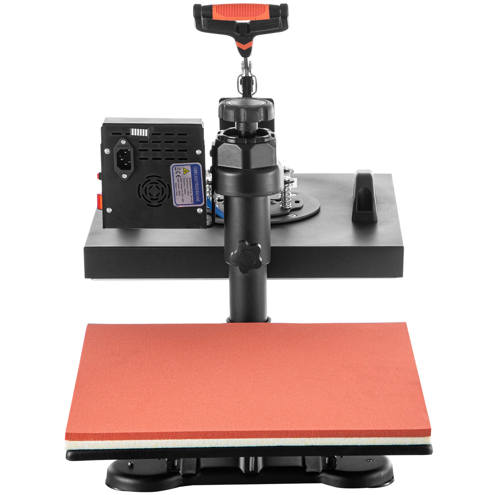 Máquina de prensado térmico VEVOR 5 en 1 con almohadilla de silicona roja y mango negro, vista frontal.