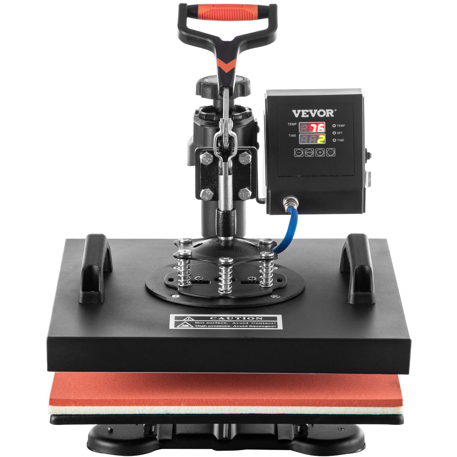 Prensa térmica VEVOR 5 en 1 con panel de control digital, base negra y mango rojo vibrante.