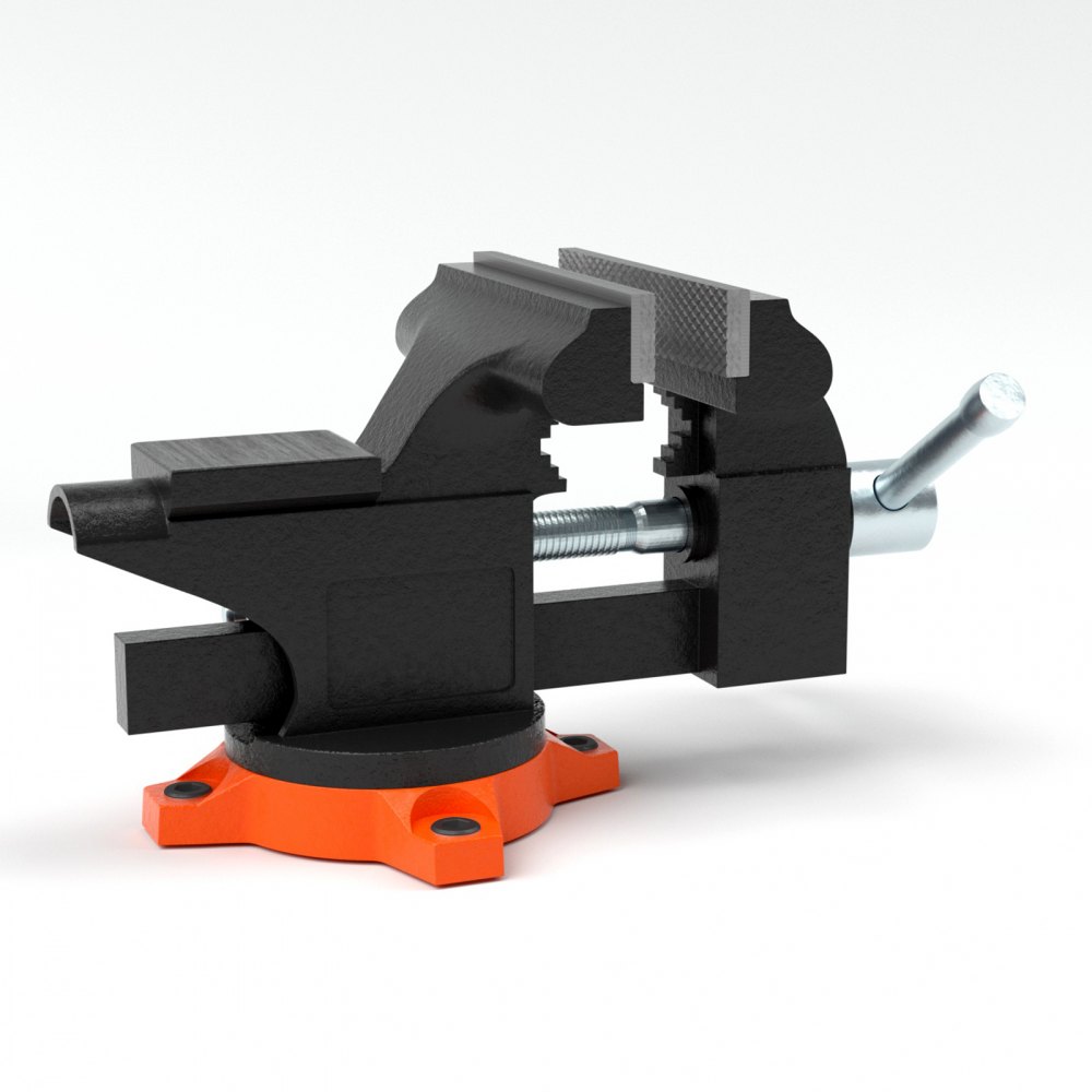 Tornillo de banco VEVOR negro con mango y base naranja sobre fondo blanco.