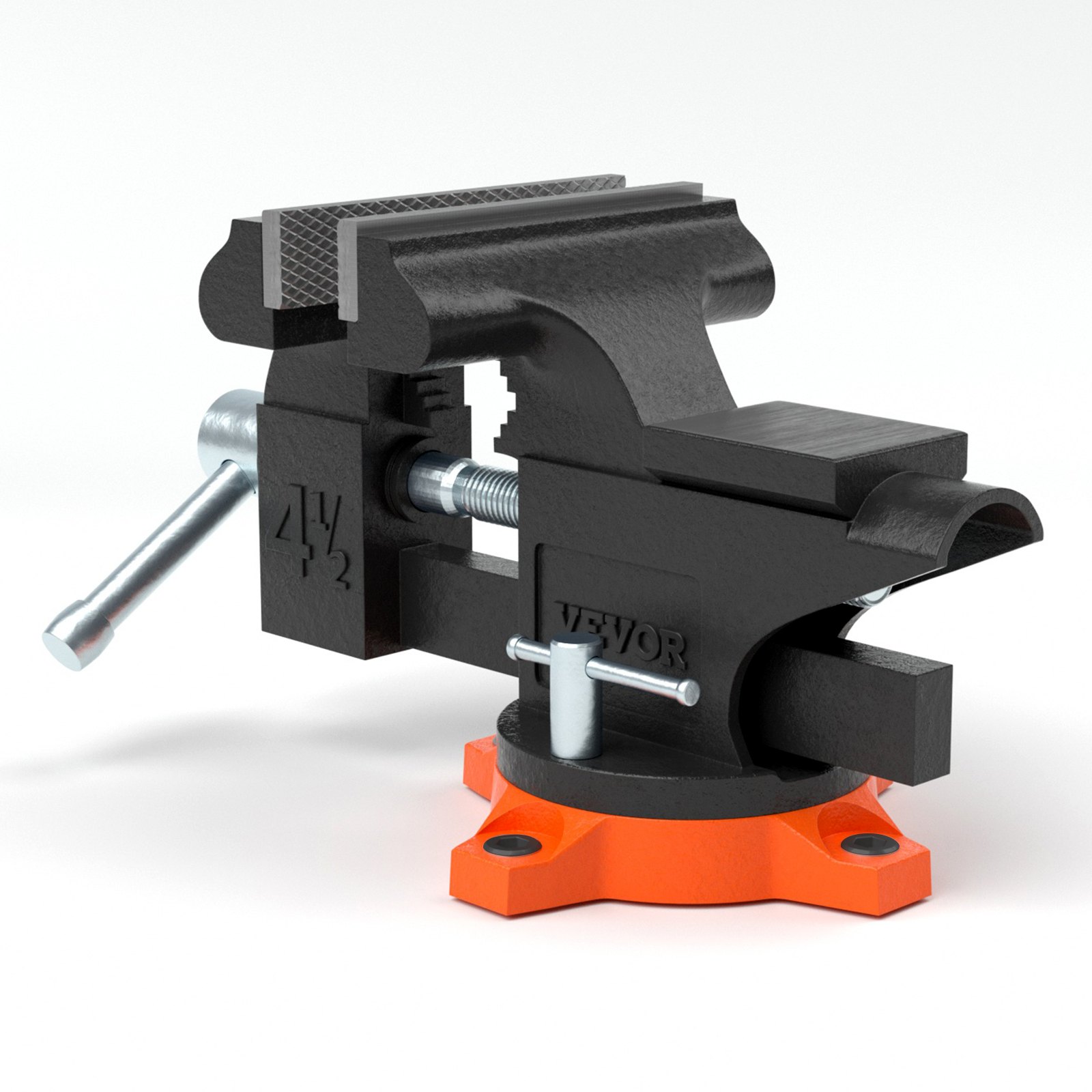 Tornillo de banco VEVOR negro con mango gris sobre una base giratoria naranja.