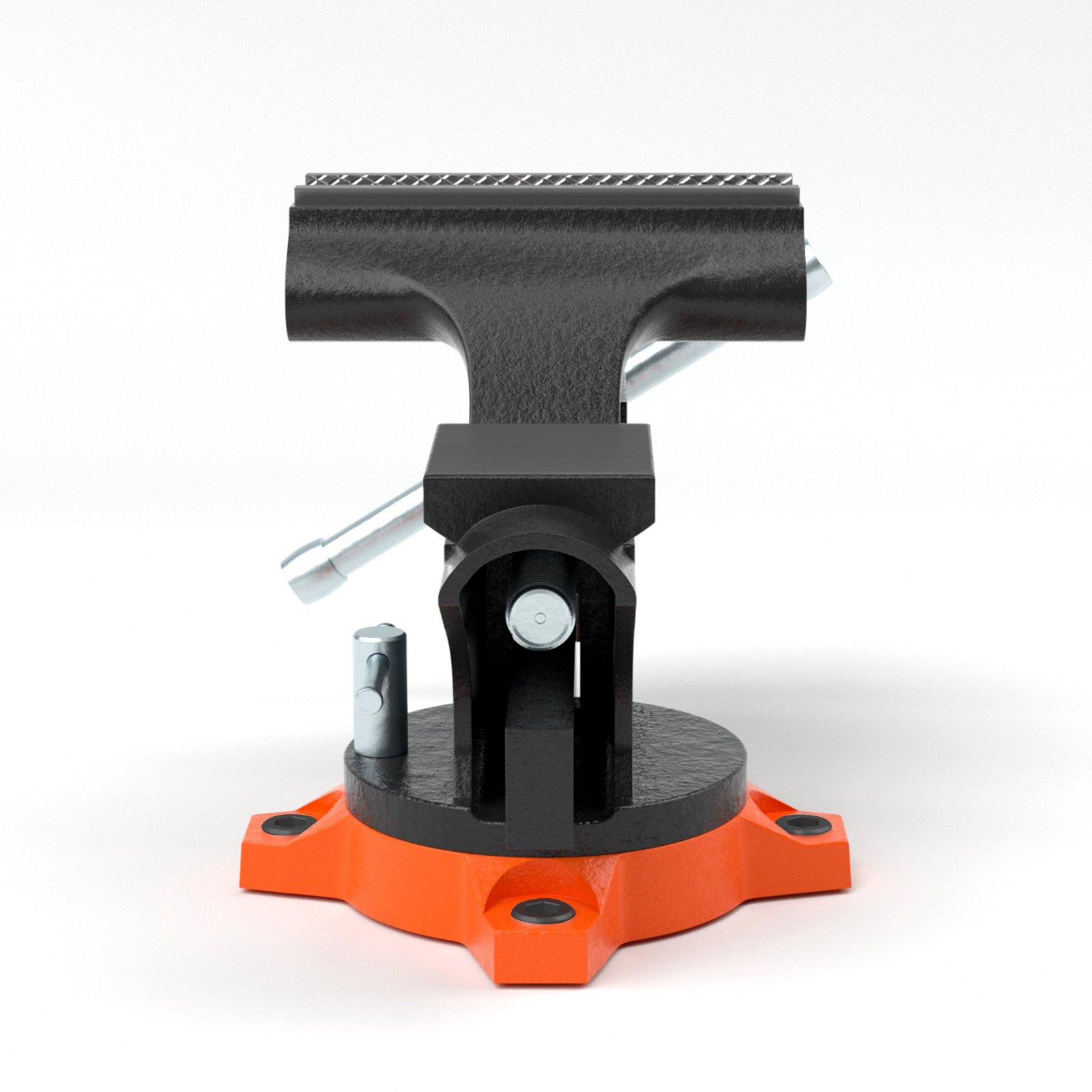 Tornillo de banco VEVOR con base naranja, mordazas de sujeción, pernos y mango giratorio de color negro.