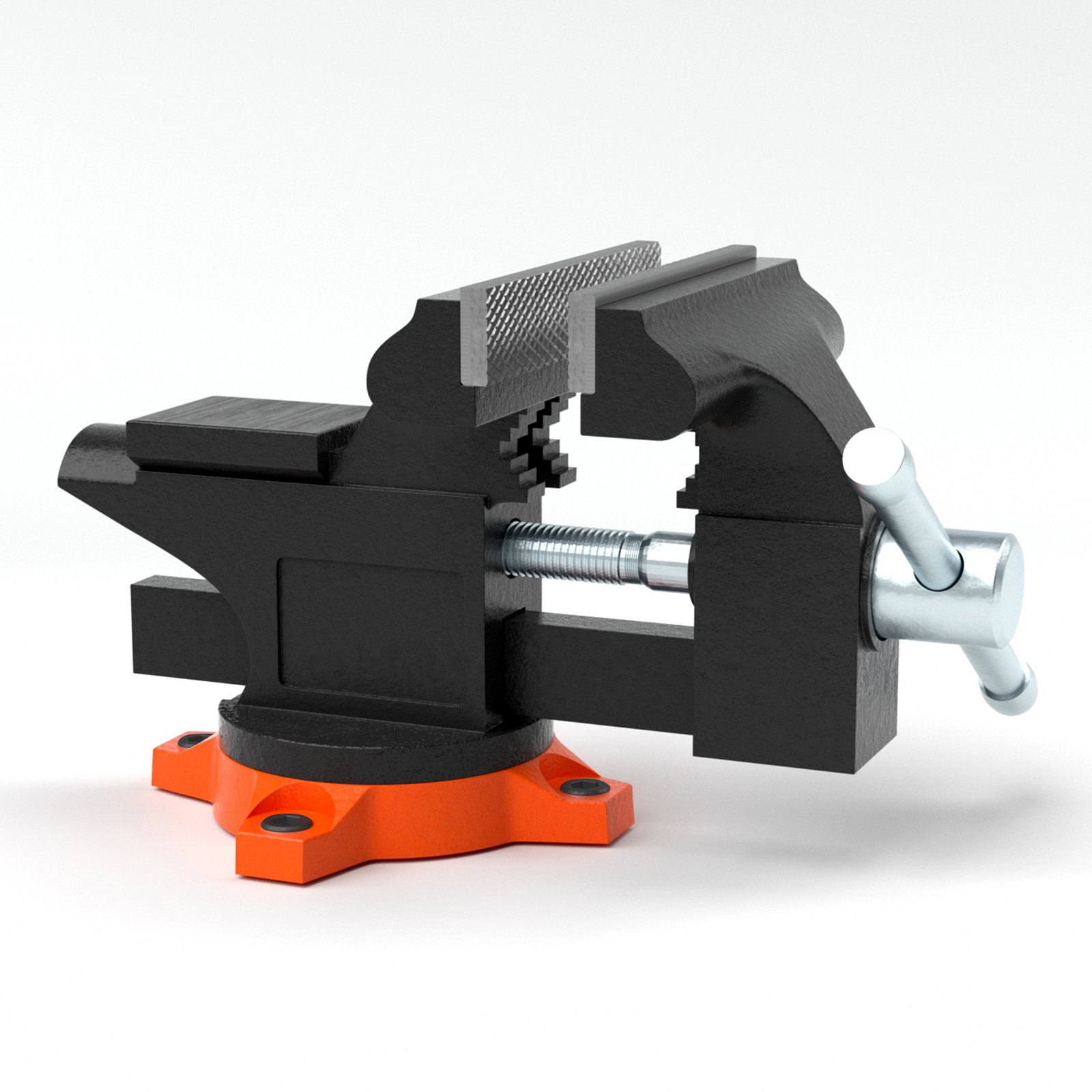 Tornillo de banco VEVOR con base giratoria de color naranja brillante, cuerpo de metal negro y mango plateado pulido.