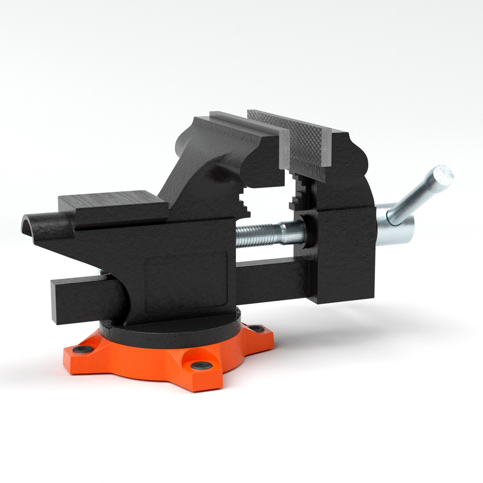 Tornillo de banco VEVOR negro con mango y base naranja sobre fondo blanco.