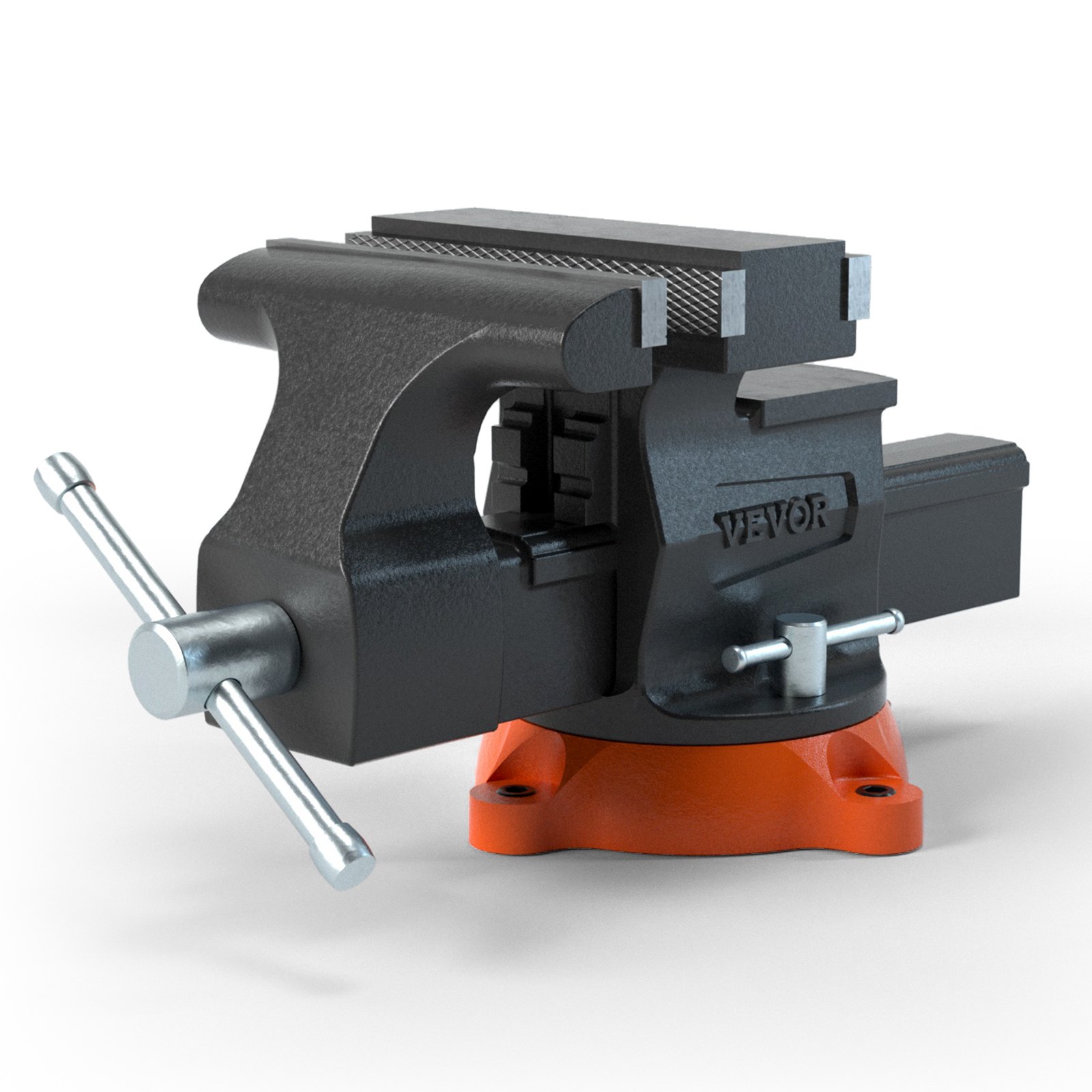 Tornillo de banco VEVOR con cuerpo de hierro fundido negro y base naranja, equipado con un mango giratorio.