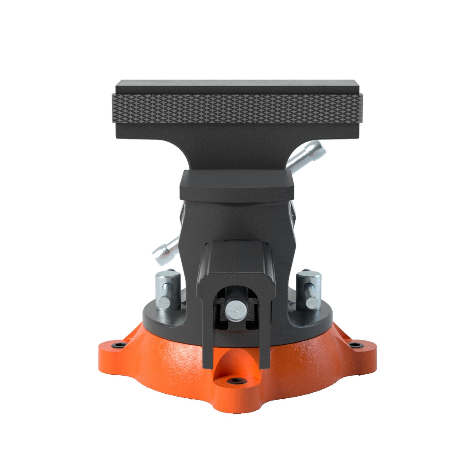 Tornillo de banco VEVOR con mordazas texturizadas y una base resistente de color naranja, vista frontal.