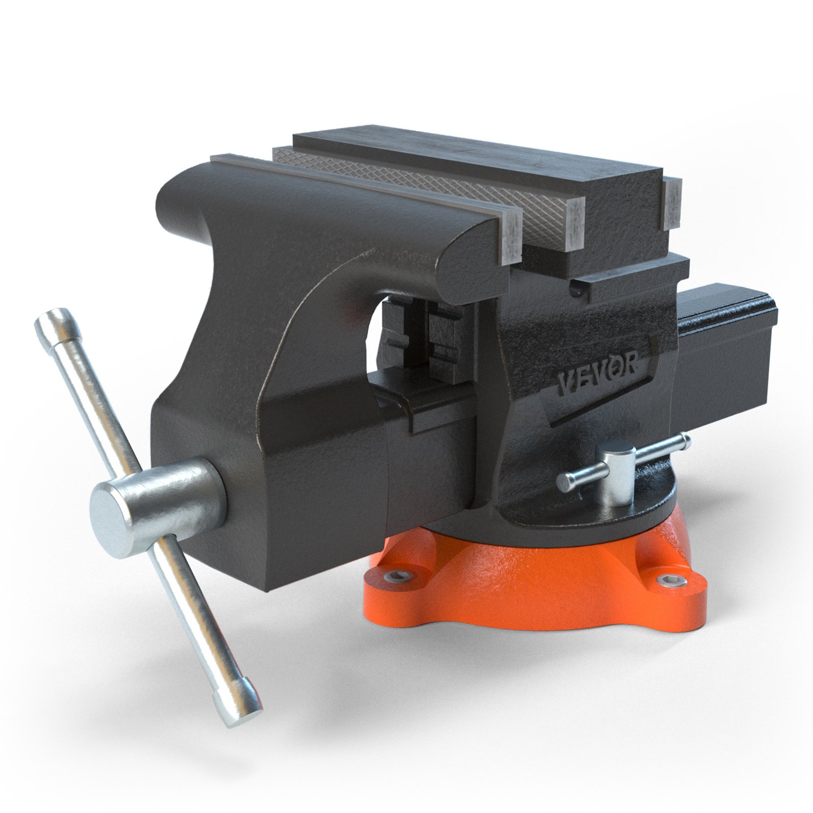 Tornillo de banco VEVOR negro y naranja con mango de metal brillante y abrazaderas resistentes.