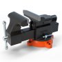 Tornillo de banco VEVOR con robustas mordazas negras y base naranja, ideal para uso en taller.