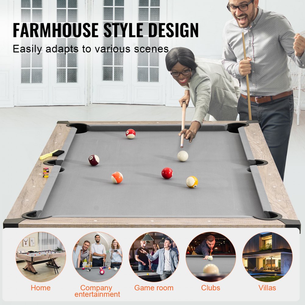 Mesa de billar VEVOR, 3 en 1, de 2,13 m, con mesa de comedor, billar y tenis, incluye juego completo de accesorios, color madera con tela gris, ideal para salas de juegos familiares, niños y adultos.