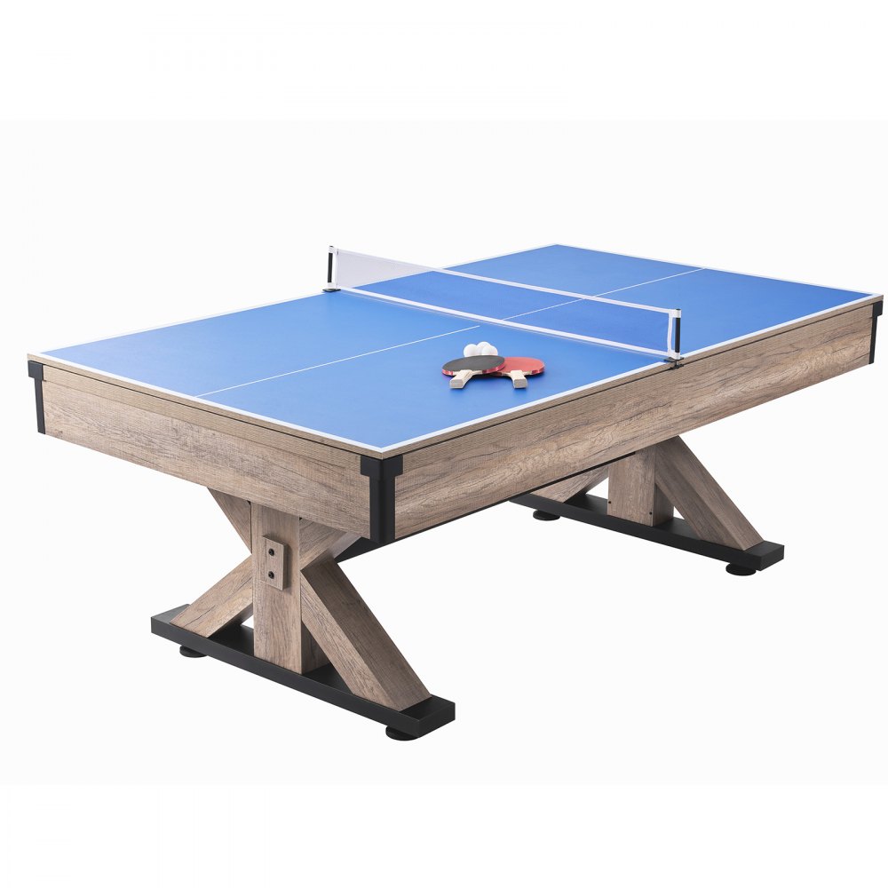 Mesa de billar VEVOR, 3 en 1, de 2,13 m, con mesa de comedor, billar y tenis, incluye juego completo de accesorios, color madera con tela gris, ideal para salas de juegos familiares, niños y adultos.
