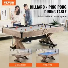 Mesa de billar combinada VEVOR, mesa de billar 3 en 1 de 7 pies con mesa de comedor, billar y tenis, incluye juego completo de accesorios, color madera con tela gris, perfecta para salas de juegos familiares, niños y adultos