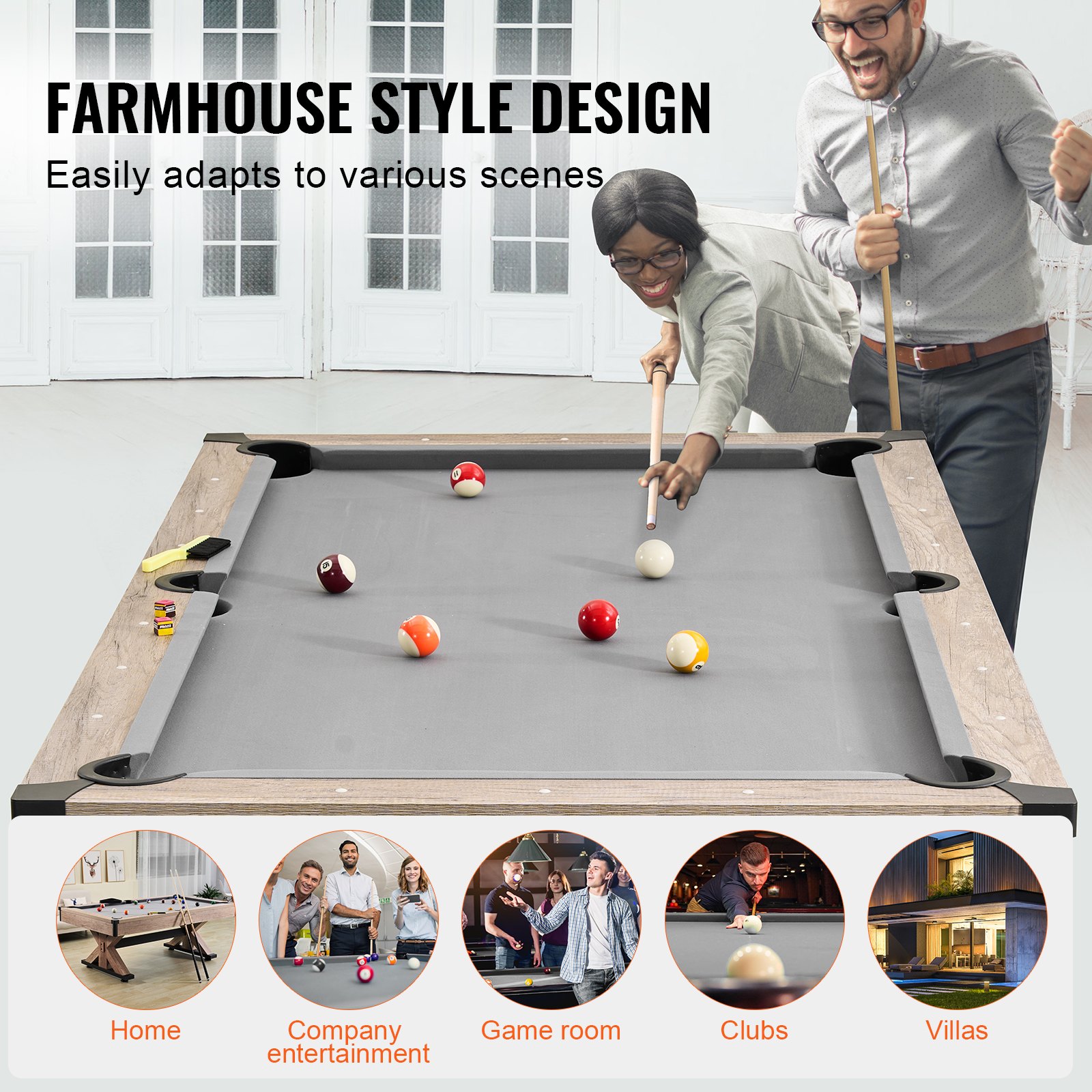 Mesa de billar VEVOR, 3 en 1, de 2,13 m, con mesa de comedor, billar y tenis, incluye juego completo de accesorios, color madera con tela gris, ideal para salas de juegos familiares, niños y adultos.