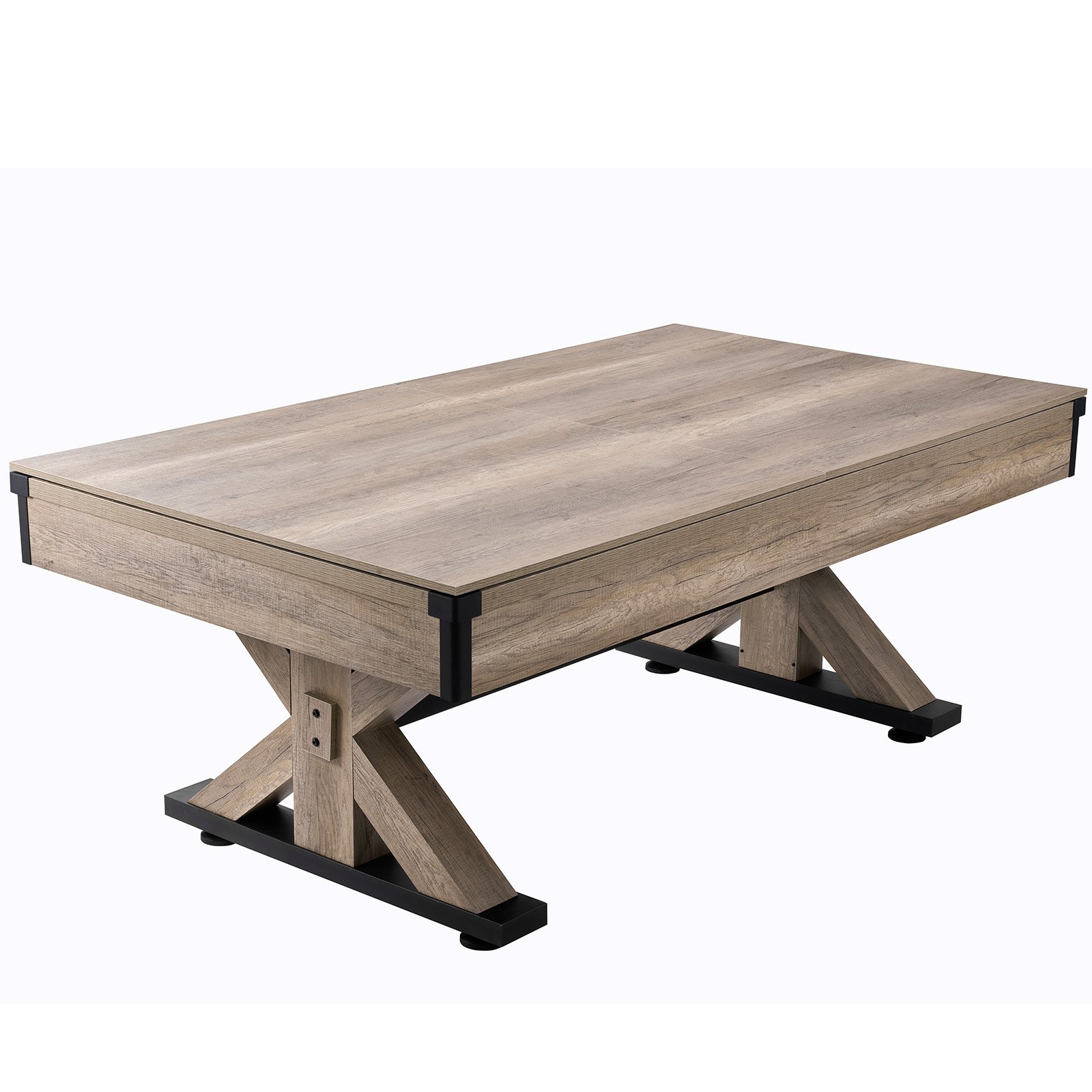 Mesa de billar VEVOR, 3 en 1, de 2,13 m, con mesa de comedor, billar y tenis, incluye juego completo de accesorios, color madera con tela gris, ideal para salas de juegos familiares, niños y adultos.