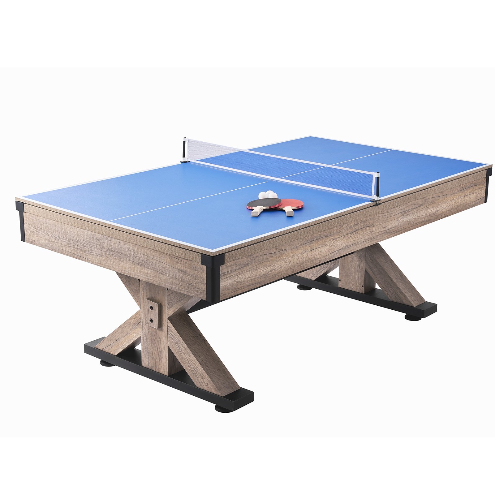 Mesa de billar VEVOR, 3 en 1, de 2,13 m, con mesa de comedor, billar y tenis, incluye juego completo de accesorios, color madera con tela gris, ideal para salas de juegos familiares, niños y adultos.
