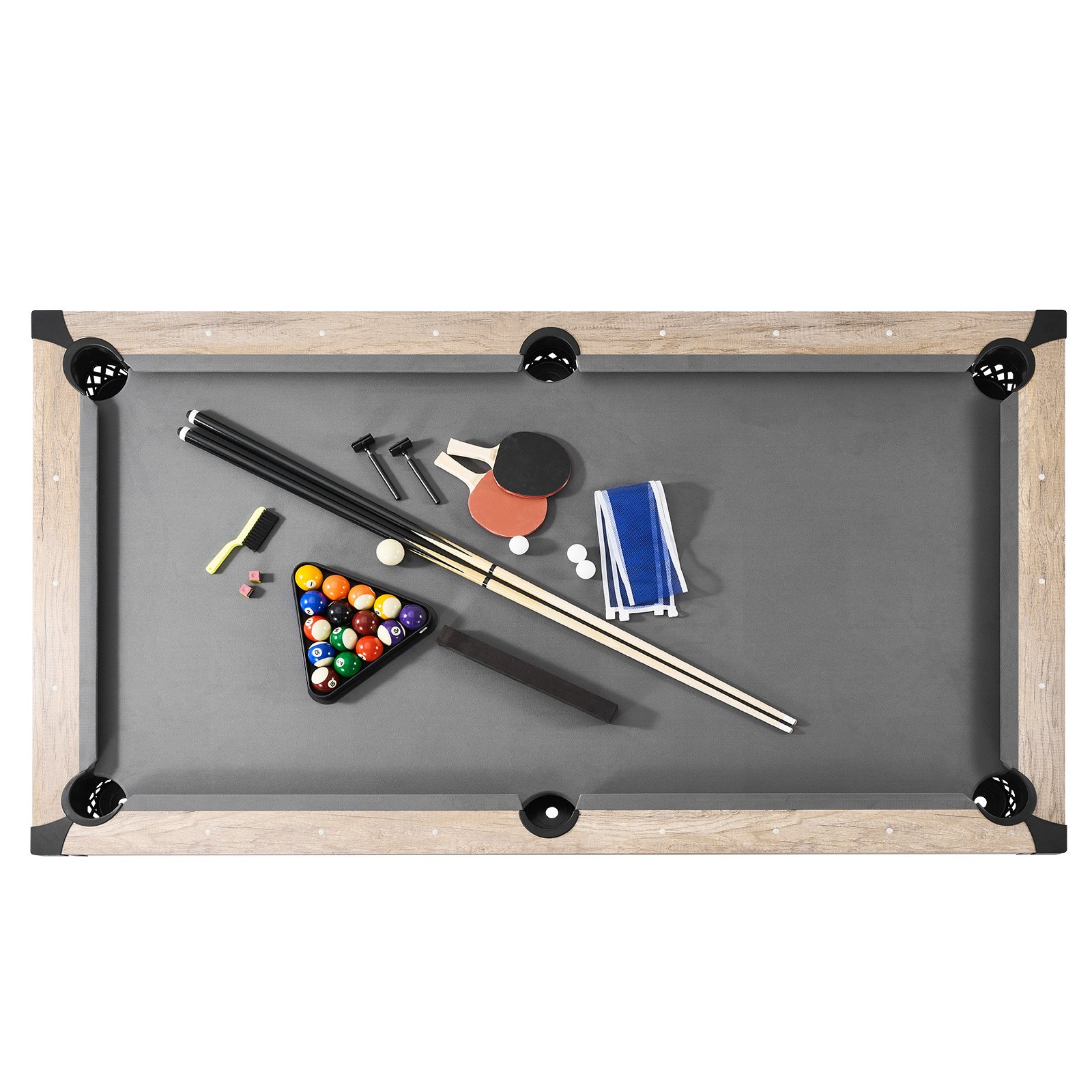 Mesa de billar VEVOR, 3 en 1, de 2,13 m, con mesa de comedor, billar y tenis, incluye juego completo de accesorios, color madera con tela gris, ideal para salas de juegos familiares, niños y adultos.