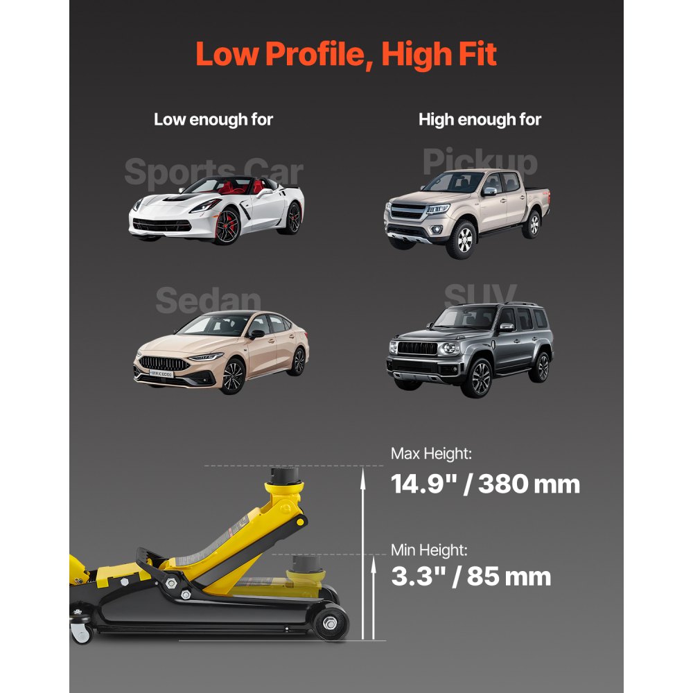 VEVOR Gato de Bajo Perfil de Acero Carga Máxima de 2,5 T Gato Hidráulico para Coche Rango de Elevación 85-380 mm Bomba Hidráulica Simple Gato Carretilla para Coches Familiares, Camiones, Todoterrenos