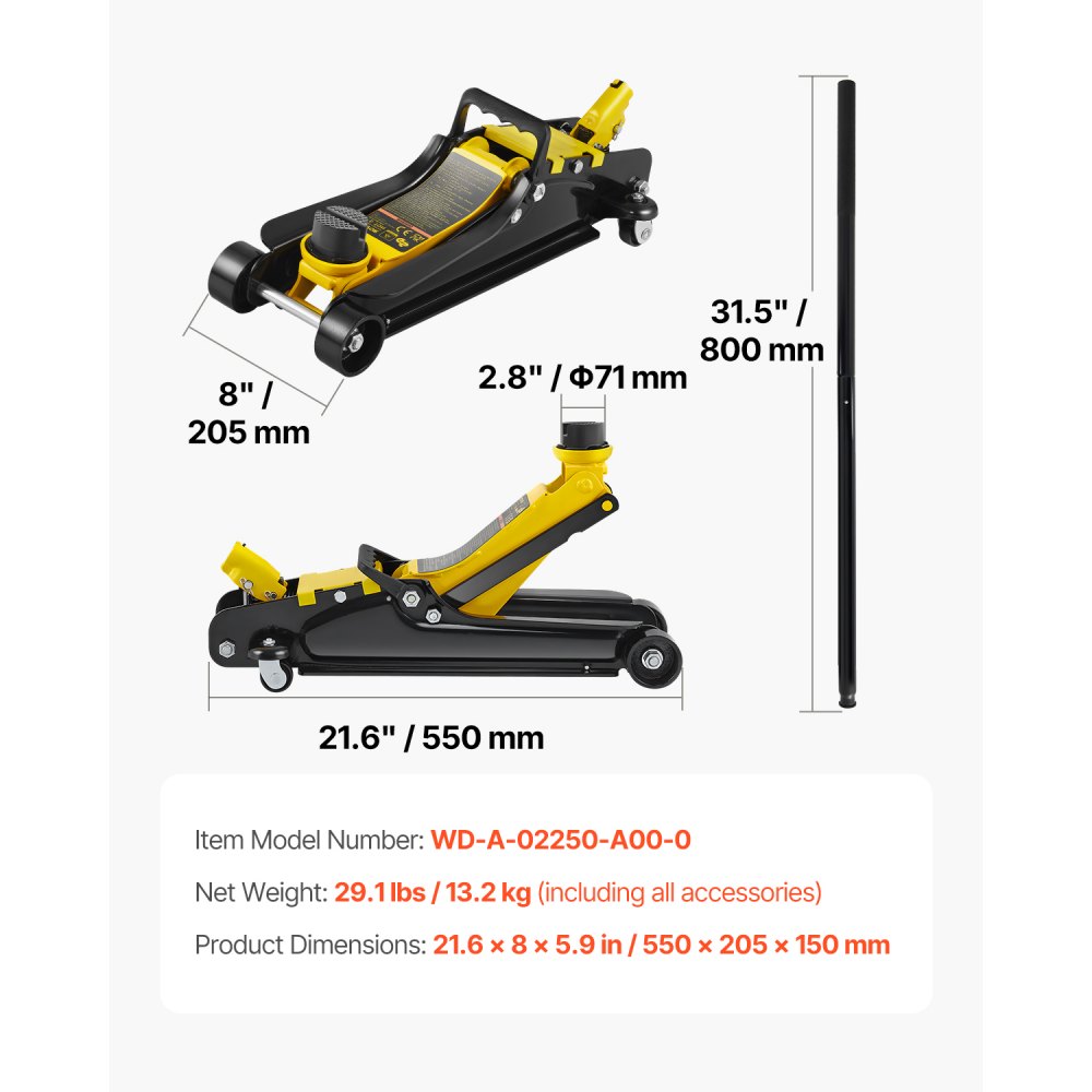 VEVOR Gato de Bajo Perfil de Acero Carga Máxima de 2,5 T Gato Hidráulico para Coche Rango de Elevación 85-380 mm Bomba Hidráulica Simple Gato Carretilla para Coches Familiares, Camiones, Todoterrenos