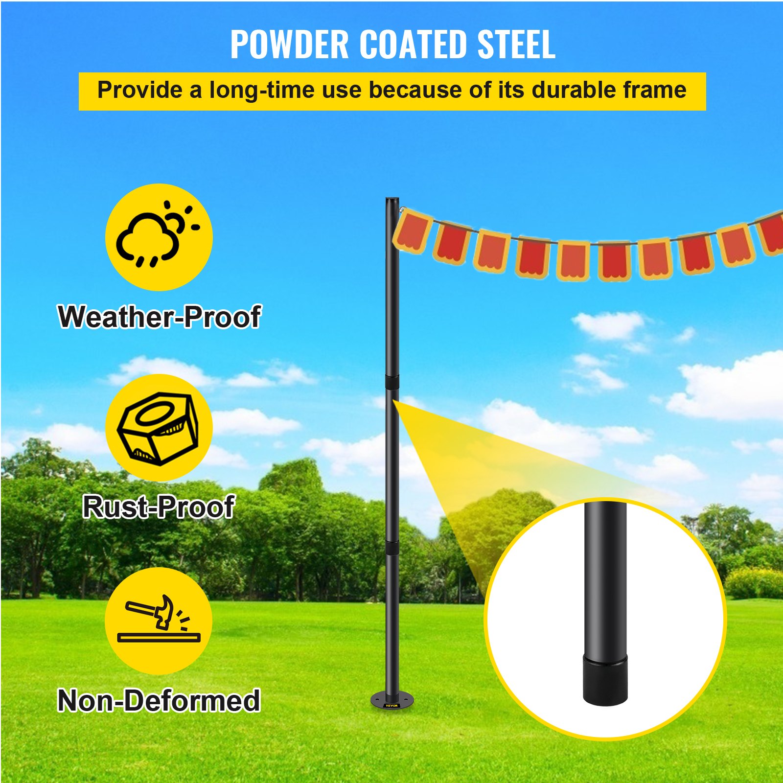 Poste de iluminación de cadena VEVOR: acero con recubrimiento en polvo resistente a la intemperie y al óxido, no deformado.