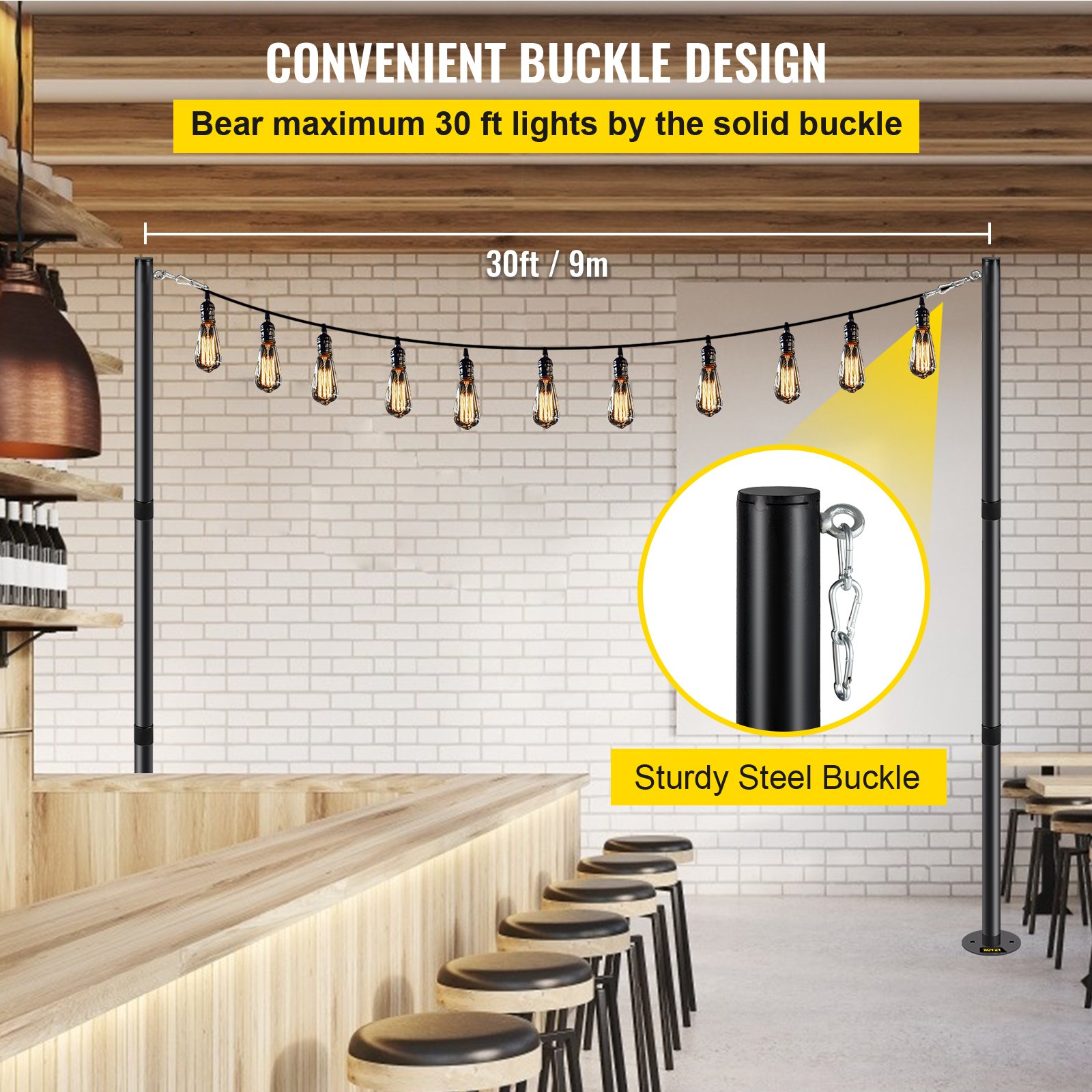 Área de bar con poste de luz de cadena VEVOR y luces de cadena colgantes sobre encimeras de madera.