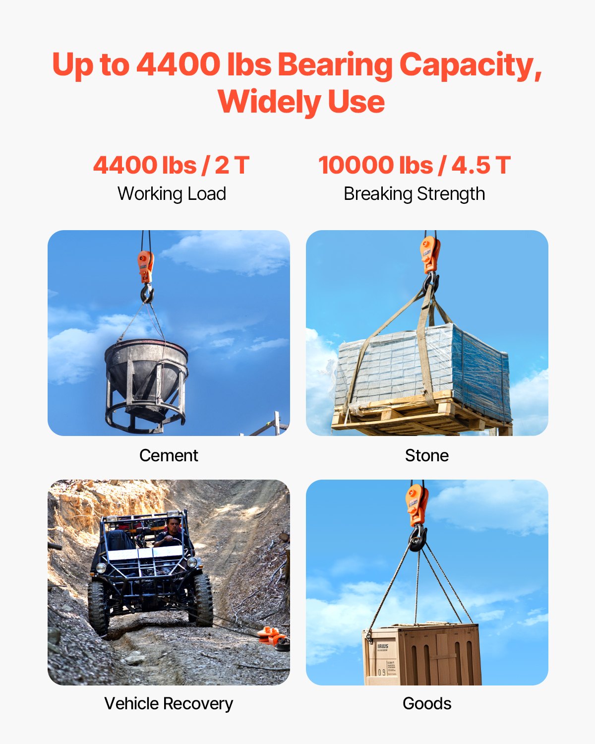 Bloque de arranque VEVOR de 2 toneladas con gancho giratorio, polea de 3", cable de acero de 3/8", polea de alta resistencia de 4400 lb para operaciones de remolque y recuperación en grúas, grúas de rescate, cabrestantes para transporte de automóviles