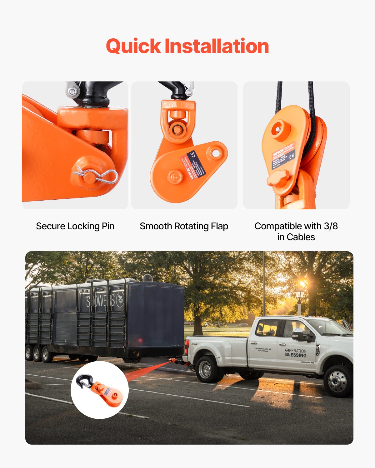 Bloque de arranque VEVOR de 2 toneladas con gancho giratorio, polea de 3", cable de acero de 3/8", polea de alta resistencia de 4400 lb para operaciones de remolque y recuperación en grúas, grúas de rescate, cabrestantes para transporte de automóviles