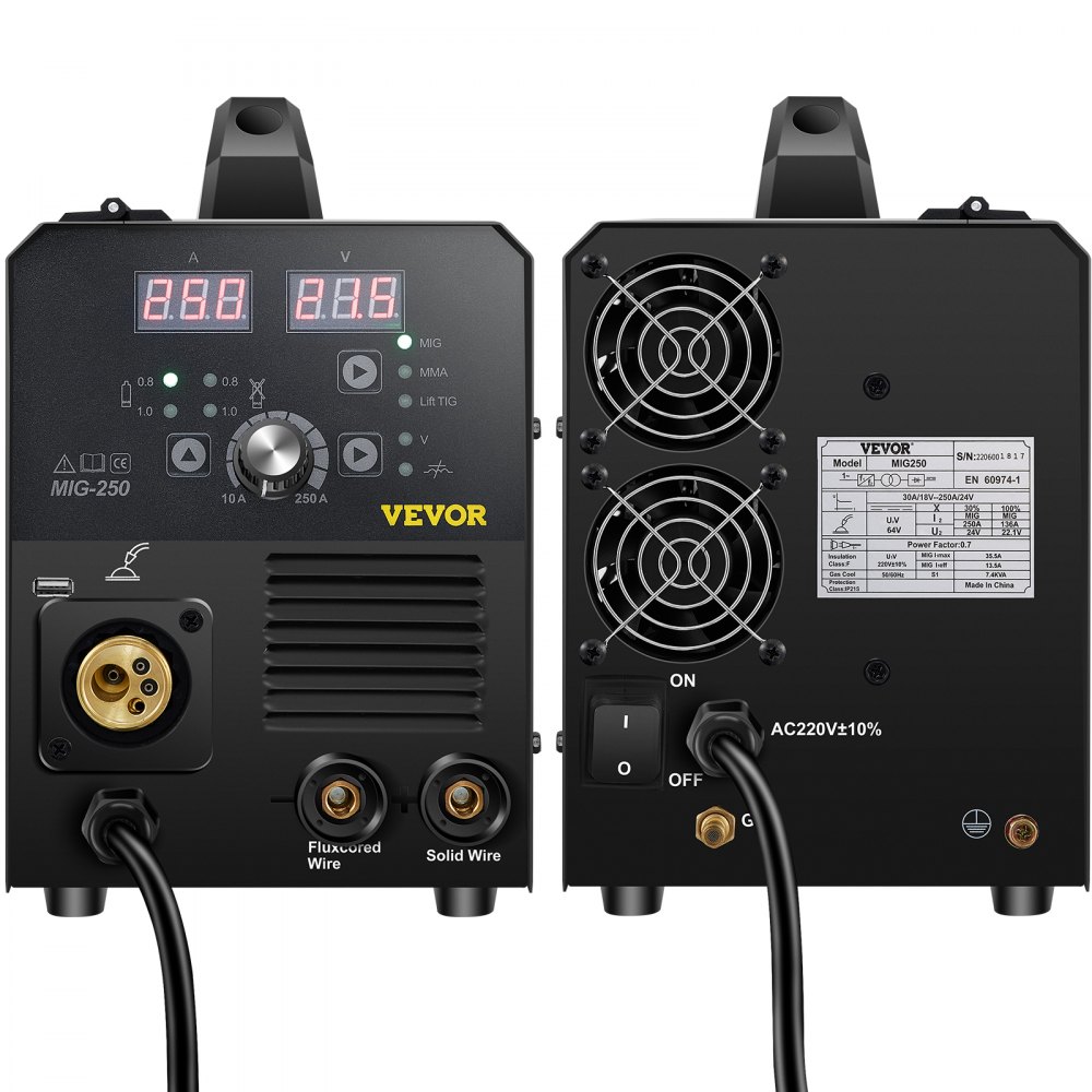 VEVOR Soldador MIG de 250 A, máquina de soldadura 3 en 1, máquina de soldadura de núcleo de flujo/gas/alambre sólido de 220 V con inversor IGBT y antorcha, soldador multiproceso digital MIG/Lift TIG/S