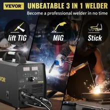 VEVOR Soldador MIG de 250 A, máquina de soldadura 3 en 1, máquina de soldadura de núcleo de flujo/gas/alambre sólido de 220 V con inversor IGBT y antorcha, soldador multiproceso digital MIG/Lift TIG/S