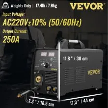 VEVOR Soldador MIG de 250 A, máquina de soldadura 3 en 1, máquina de soldadura de núcleo de flujo/gas/alambre sólido de 220 V con inversor IGBT y antorcha, soldador multiproceso digital MIG/Lift TIG/S