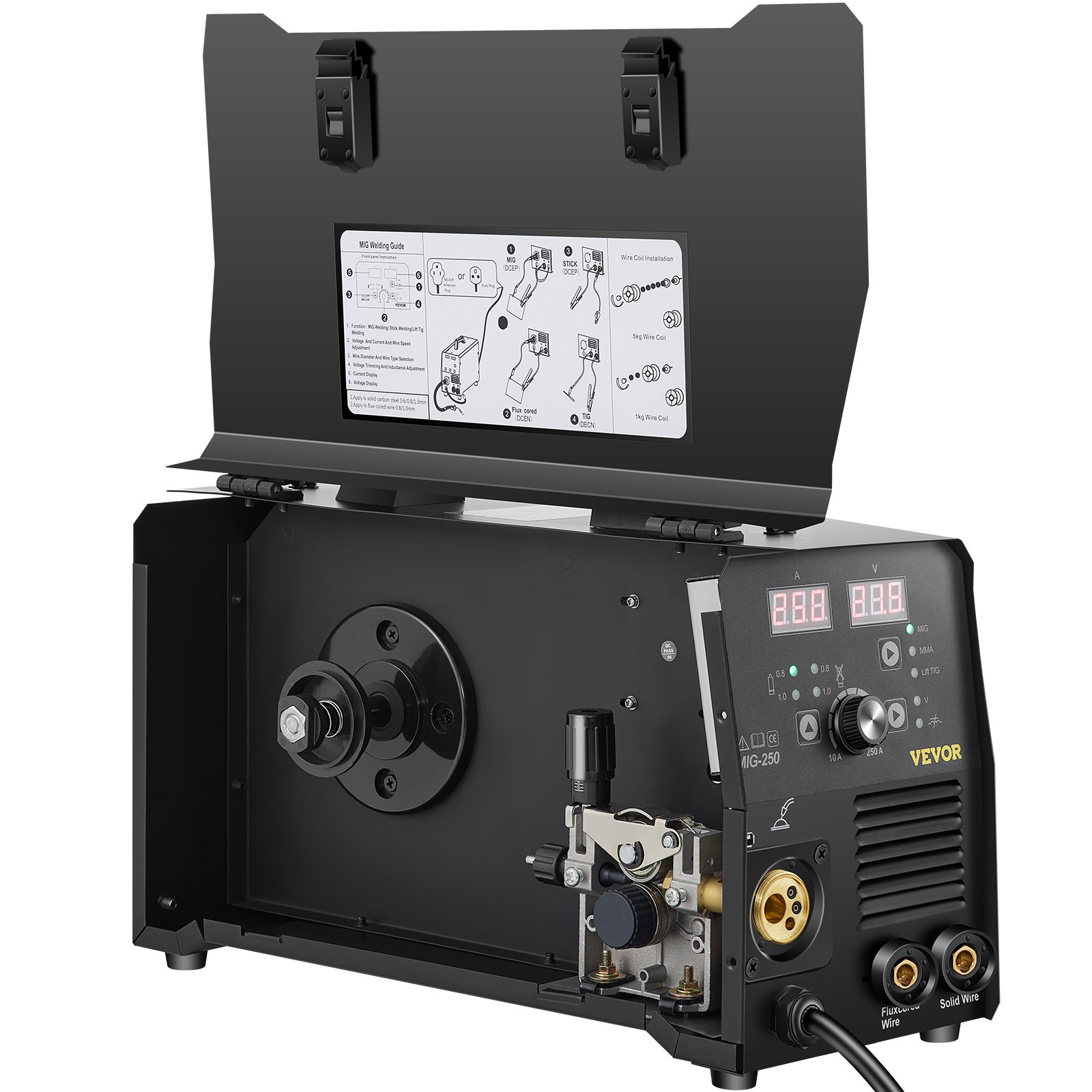 VEVOR Soldador MIG de 250 A, máquina de soldadura 3 en 1, máquina de soldadura de núcleo de flujo/gas/alambre sólido de 220 V con inversor IGBT y antorcha, soldador multiproceso digital MIG/Lift TIG/S
