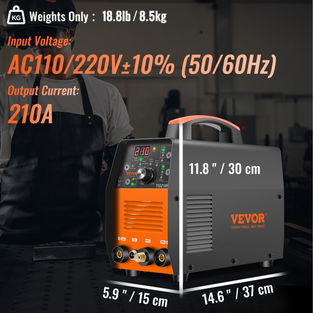 VEVOR Soldador TIG de 210 Amp, Soldador TIG 3 en 1, 110/220 V Doble Voltaje HF TIG/Stick/Clean Soldadora con Pulso, Inversor IGBT y Antorcha, Soldador de Arco Digital