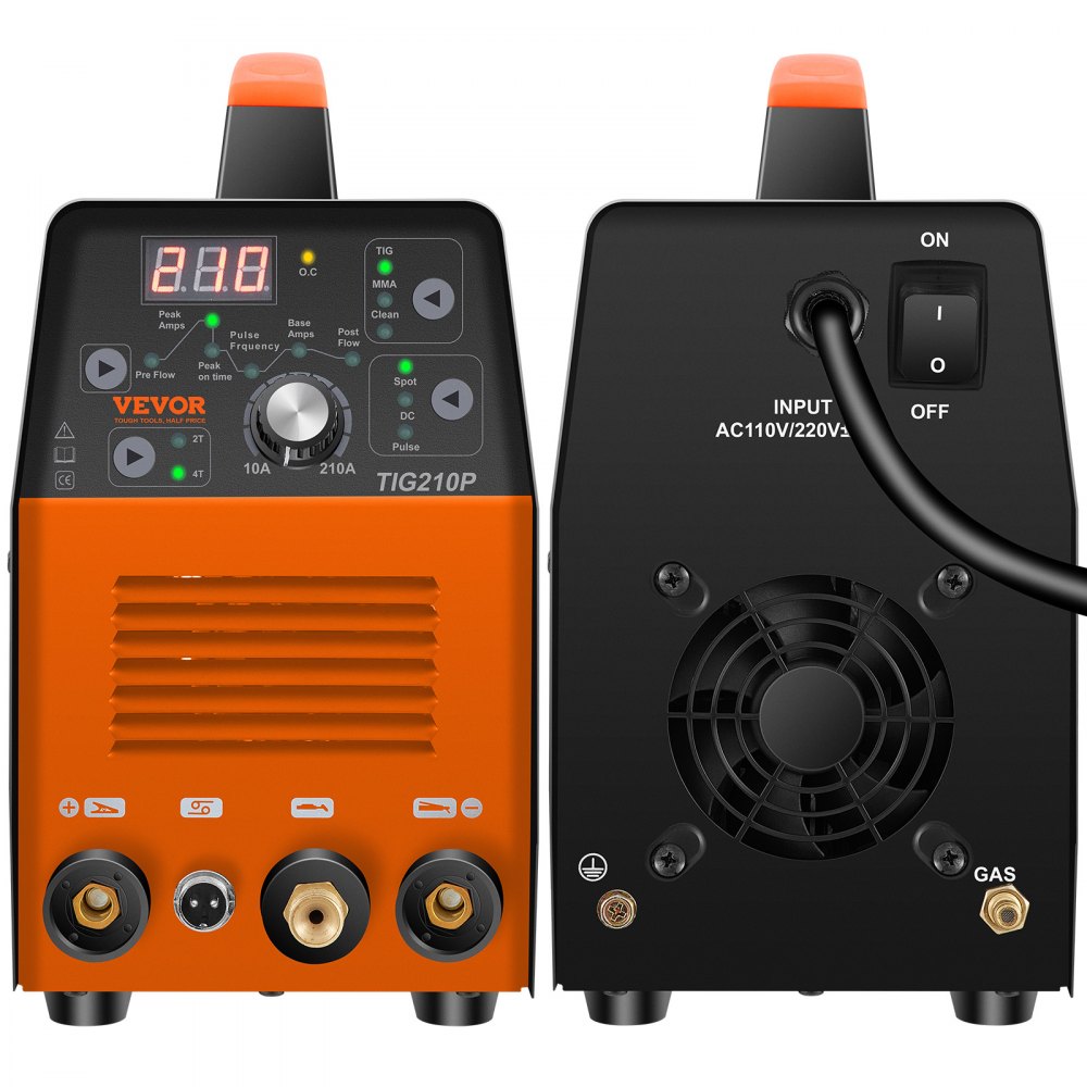 VEVOR Soldador TIG de 210 Amp, Soldador TIG 3 en 1, 110/220 V Doble Voltaje HF TIG/Stick/Clean Soldadora con Pulso, Inversor IGBT y Antorcha, Soldador de Arco Digital
