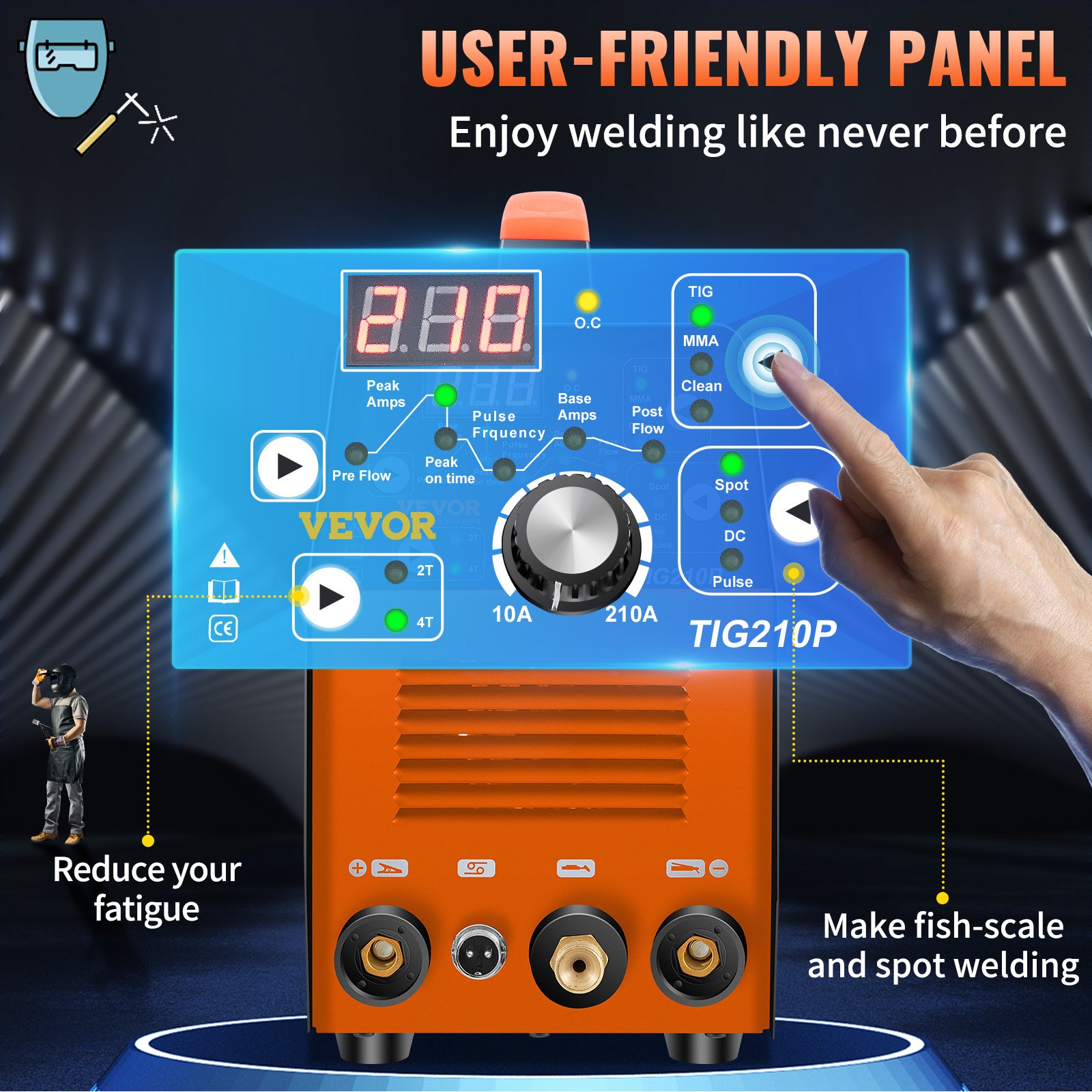 VEVOR Soldador TIG de 210 Amp, Soldador TIG 3 en 1, 110/220 V Doble Voltaje HF TIG/Stick/Clean Soldadora con Pulso, Inversor IGBT y Antorcha, Soldador de Arco Digital