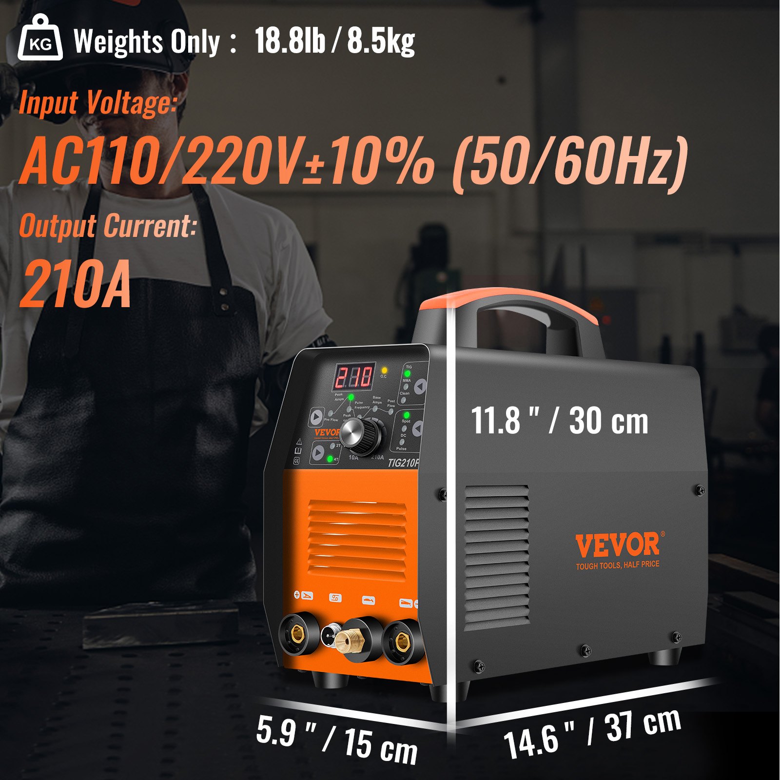 VEVOR Soldador TIG de 210 Amp, Soldador TIG 3 en 1, 110/220 V Doble Voltaje HF TIG/Stick/Clean Soldadora con Pulso, Inversor IGBT y Antorcha, Soldador de Arco Digital
