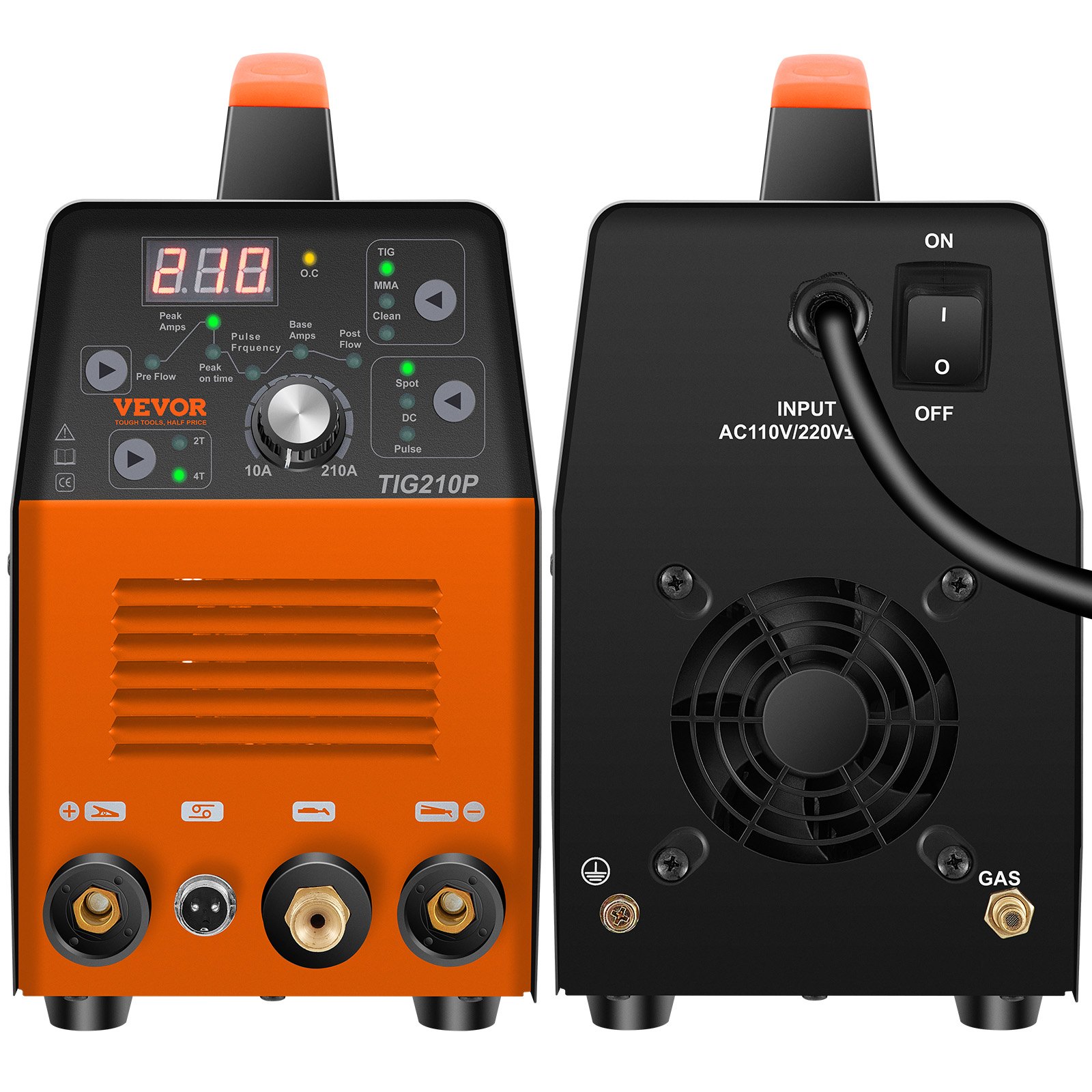 VEVOR Soldador TIG de 210 Amp, Soldador TIG 3 en 1, 110/220 V Doble Voltaje HF TIG/Stick/Clean Soldadora con Pulso, Inversor IGBT y Antorcha, Soldador de Arco Digital