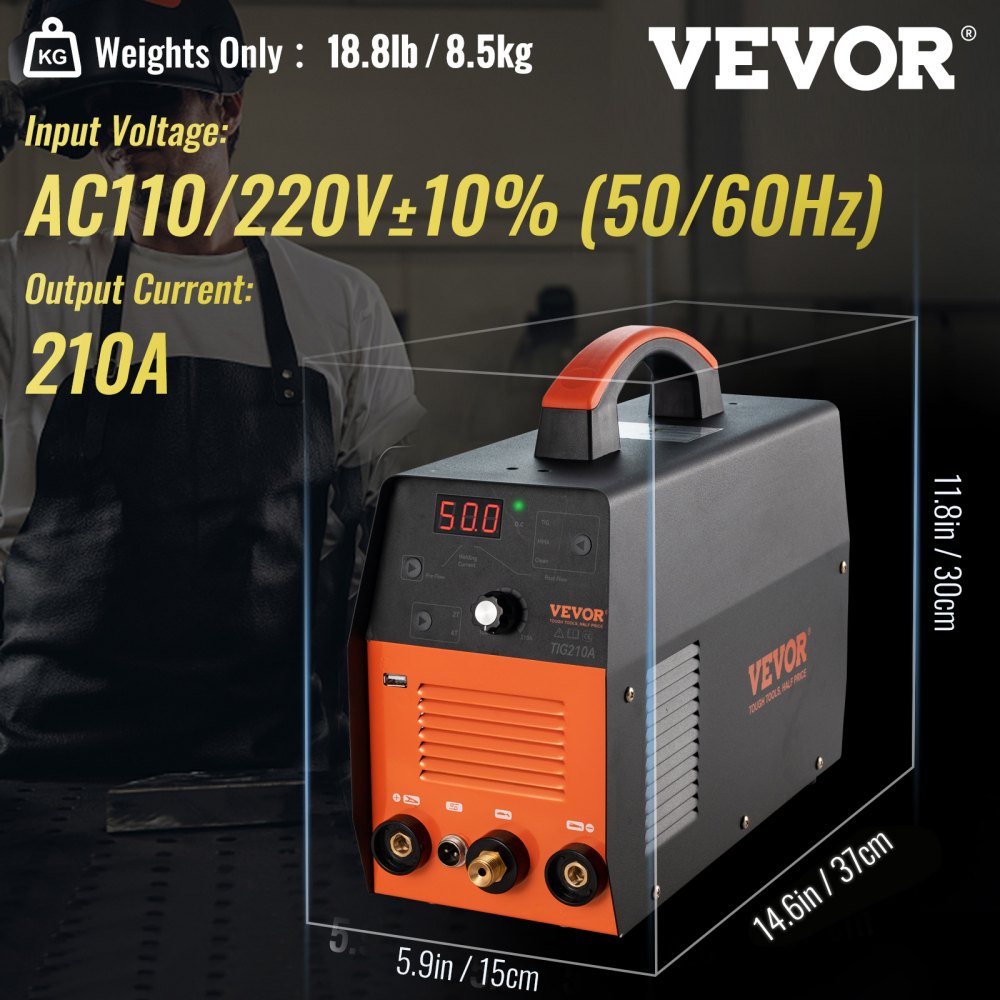 VEVOR Soldador TIG de 210 Amp, Soldador TIG 3 en 1, 110/220 V, Máquina de Soldadura HF TIG/Stick/Clean de Doble Voltaje con USB, Inversor IGBT y Antorcha, Soldador de Arco Digital