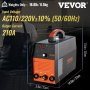 Soldador TIG VEVOR con voltaje de entrada CA 110/220 V, corriente de salida 210 A y dimensiones compactas.