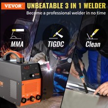 VEVOR Soldador TIG de 210 Amp, Soldador TIG 3 en 1, 110/220 V, Doble Voltaje HF TIG/Stick/Clean Soldadora con USB, Inversor IGBT y Antorcha, Soldador de Arco Digital