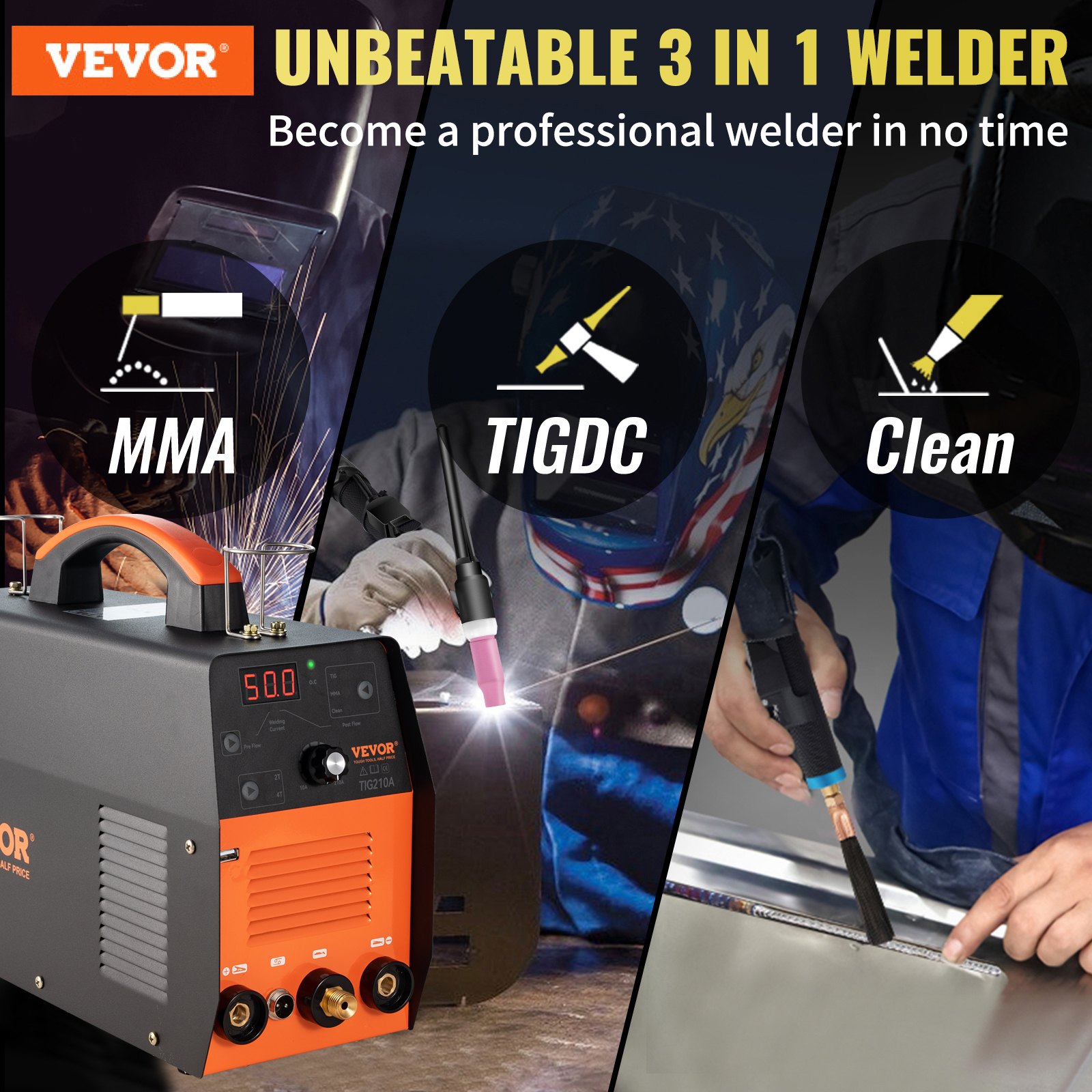 VEVOR Soldador TIG de 210 Amp, Soldador TIG 3 en 1, 110/220 V, Máquina de Soldadura HF TIG/Stick/Clean de Doble Voltaje con USB, Inversor IGBT y Antorcha, Soldador de Arco Digital