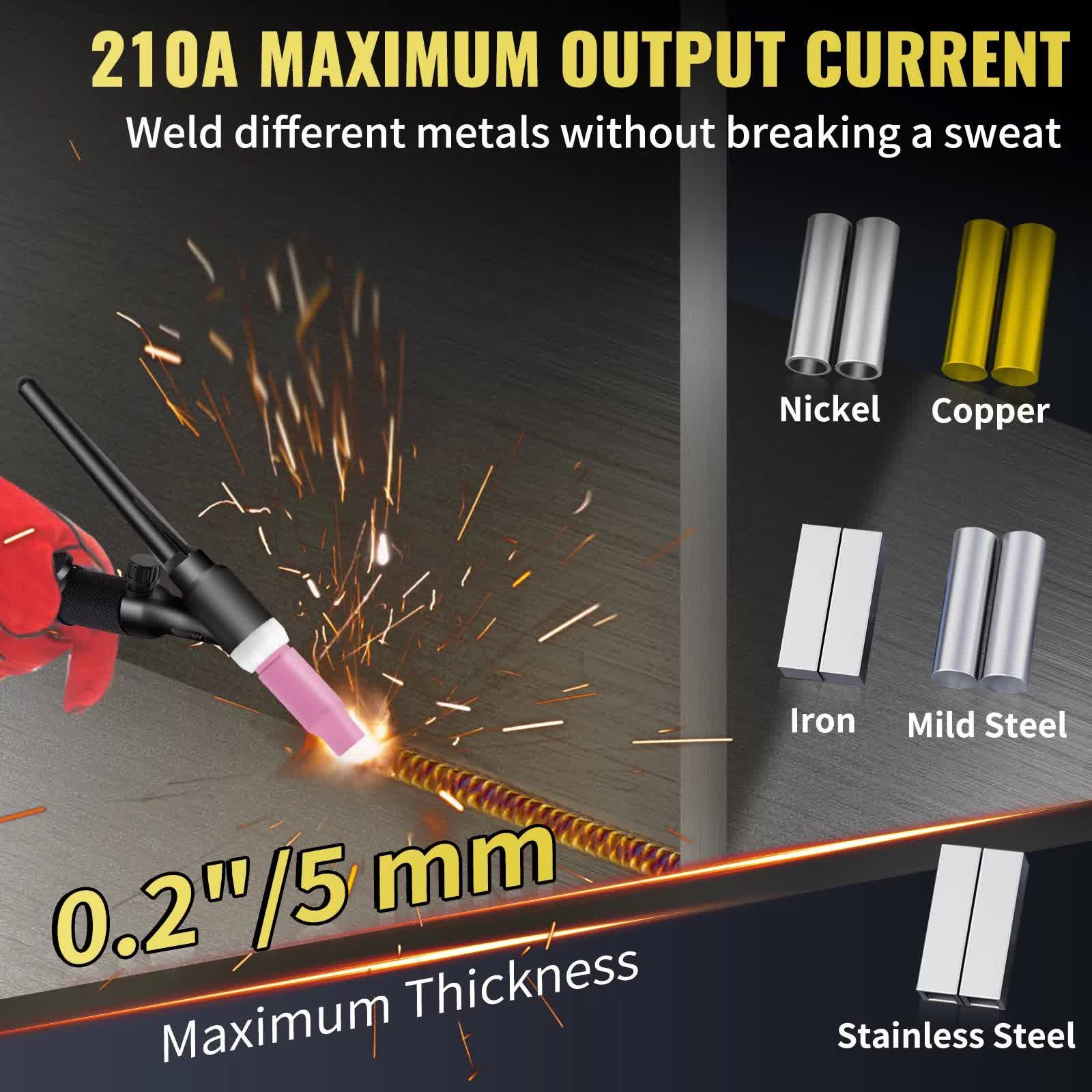 VEVOR Soldador TIG de 210 Amp, Soldador TIG 3 en 1, 110/220 V, Máquina de Soldadura HF TIG/Stick/Clean de Doble Voltaje con USB, Inversor IGBT y Antorcha, Soldador de Arco Digital