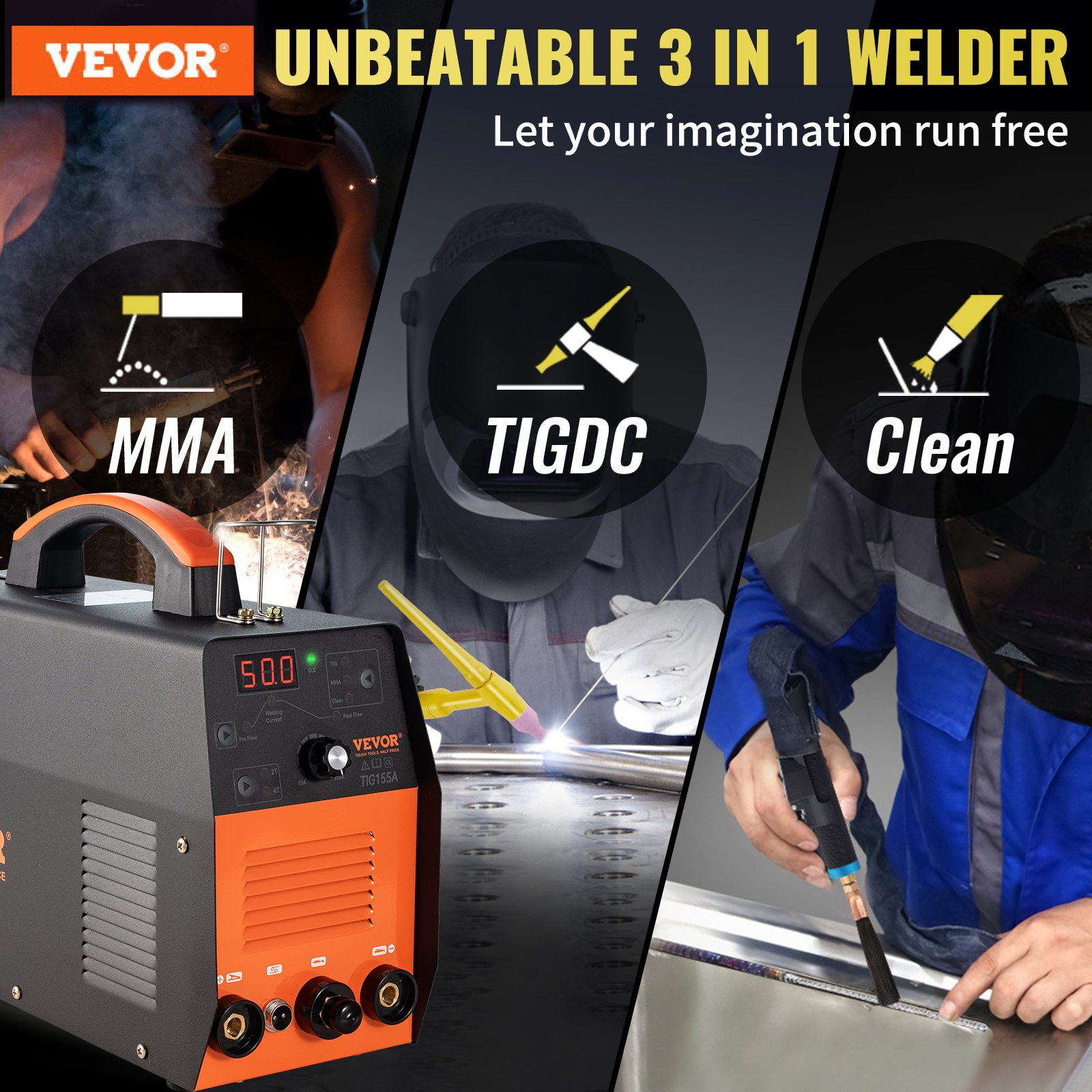 Soldador VEVOR TIG 3 en 1, máquina de soldadura TIG/Stick/Clean de alta frecuencia de 110V con inversor IGBT, soldador de arco Digital de 155Amp