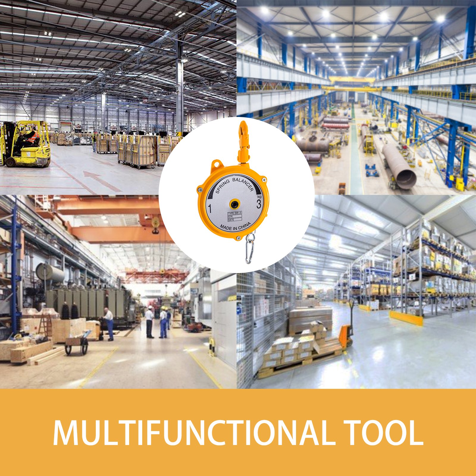 Equilibrador de resorte VEVOR en varios entornos industriales con el texto &quot;herramienta multifuncional&quot;.