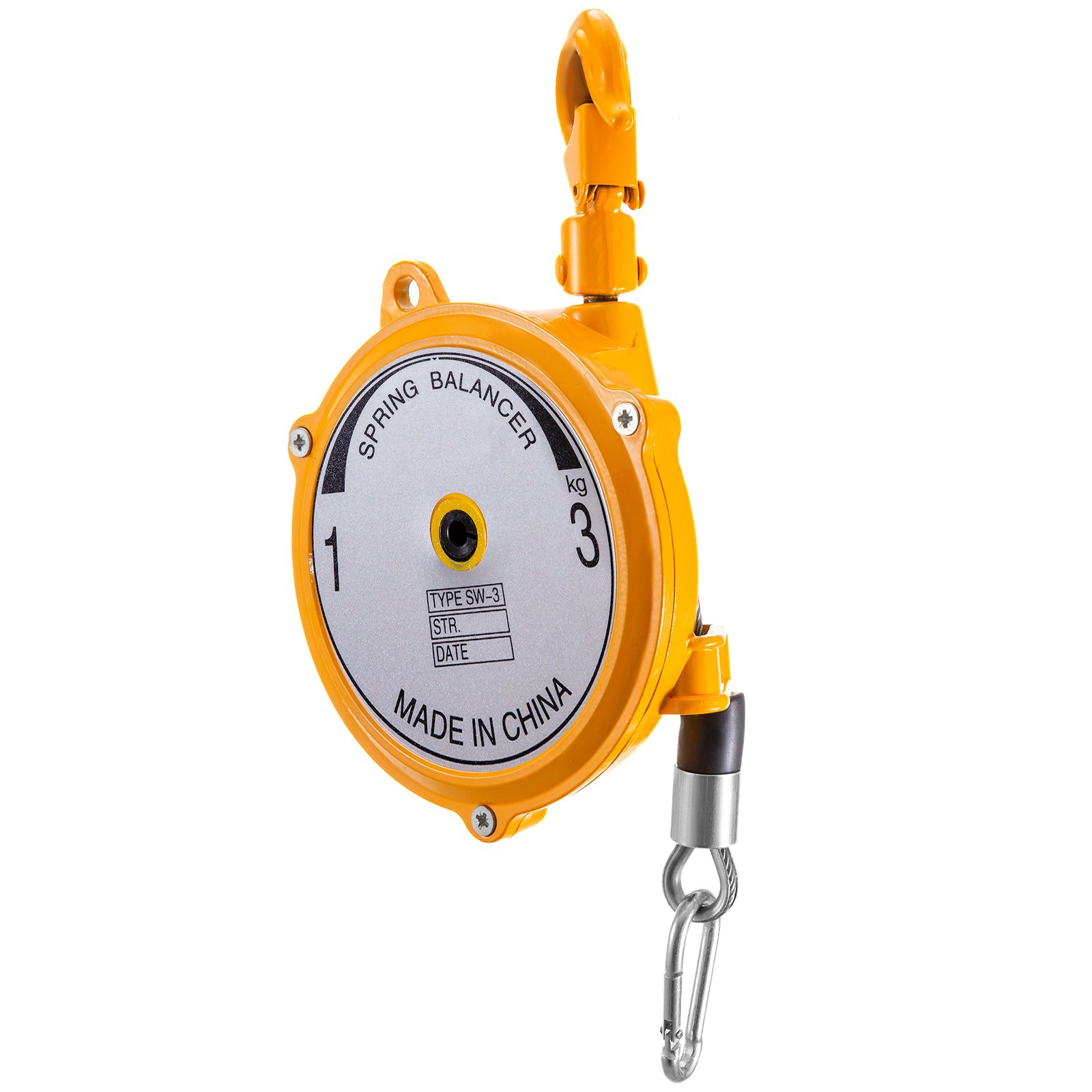Balanceador de resorte VEVOR naranja, capacidad de 3 kg, con gancho y etiqueta, fabricado en China.