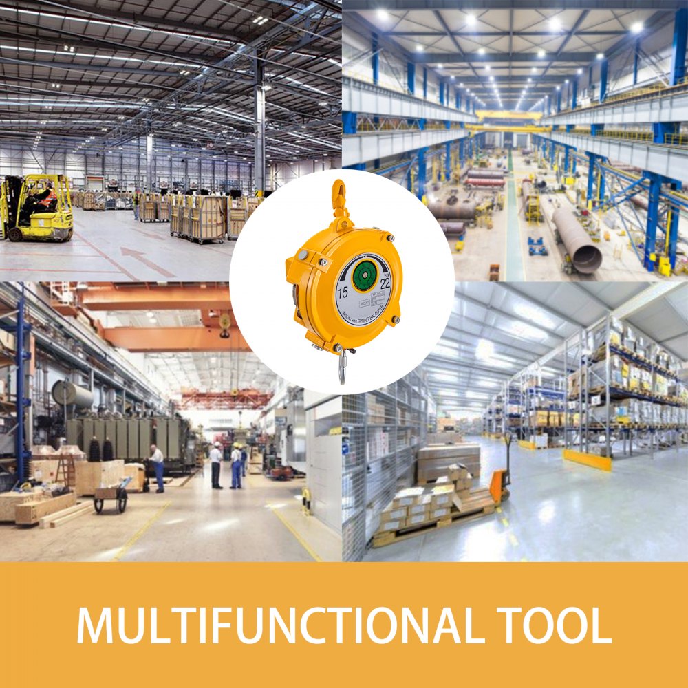 Equilibrador de resorte VEVOR en diversos entornos industriales y de almacén.