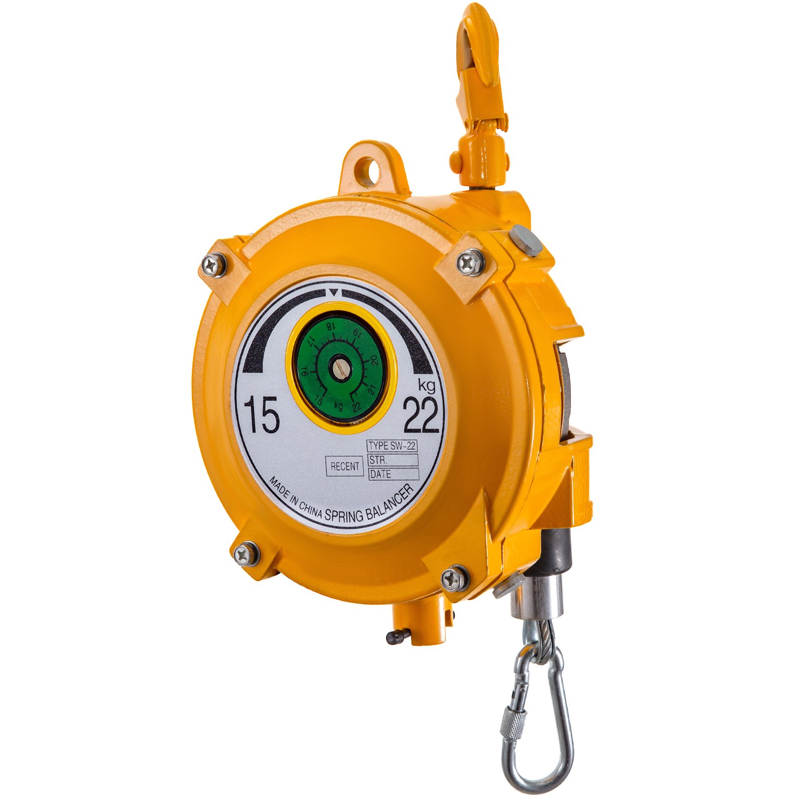 Equilibrador de resorte VEVOR amarillo con capacidad de 15-22 kg y fijación con gancho.
