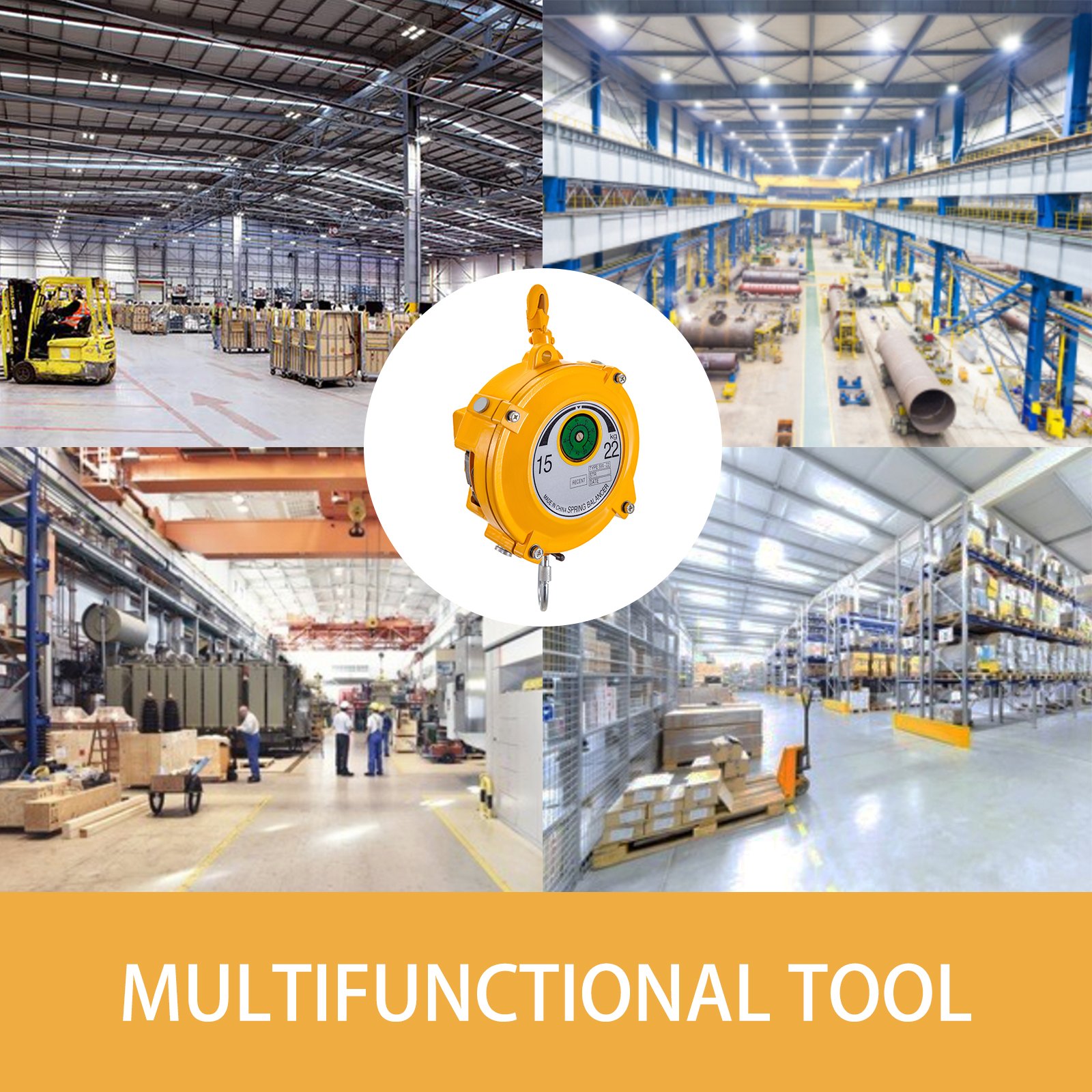 Equilibrador de resorte VEVOR en diversos entornos industriales y de almacén.
